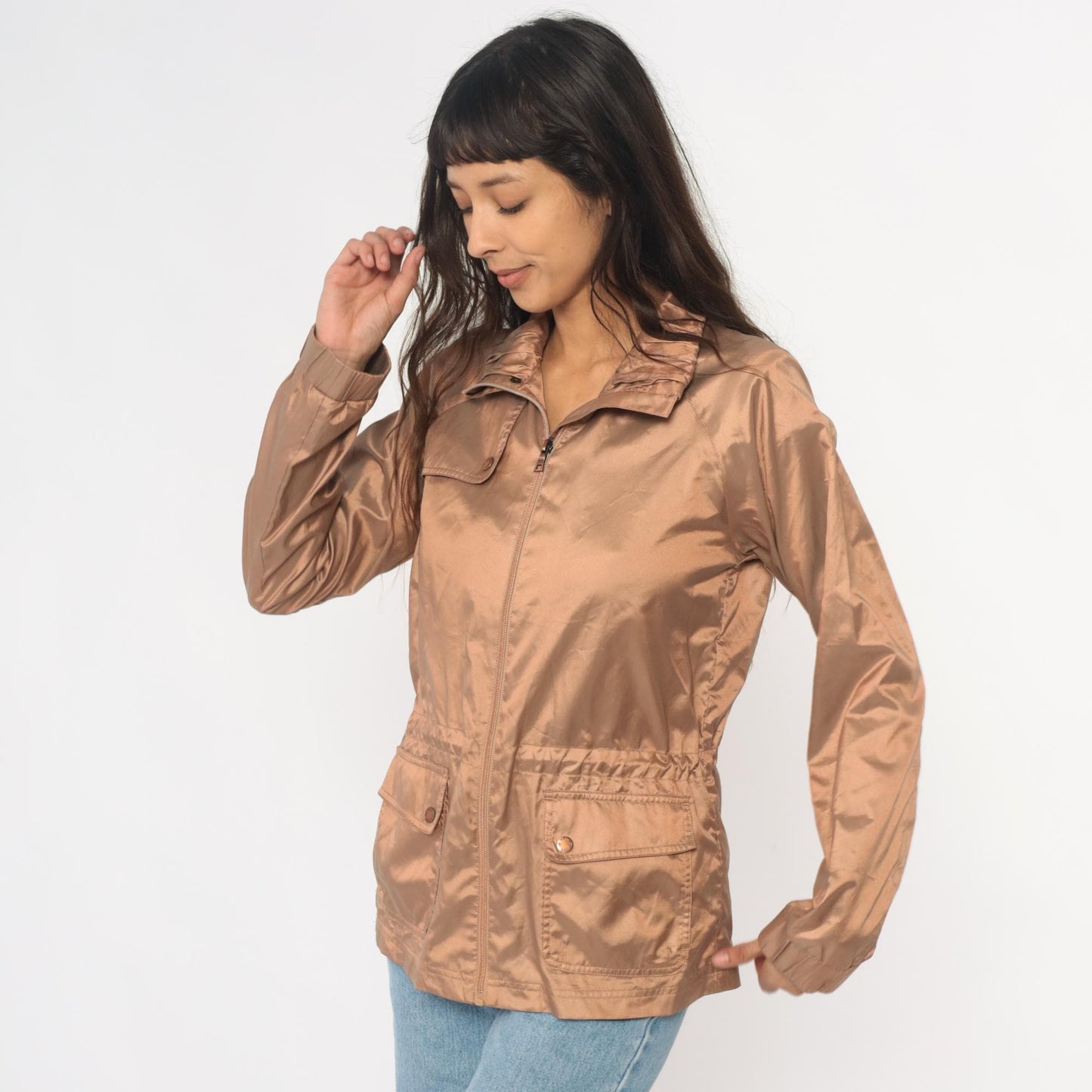 Y2K Tan Utility Jacket Snap Collar Cargo Pockets Zip Windbreaker Medium M