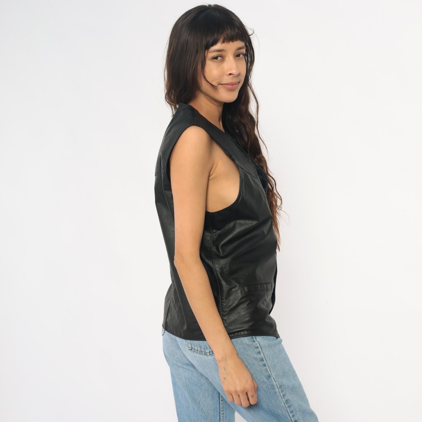 90s Black Leather Vest Notched Collar Button Front Menswear Extra Large XL