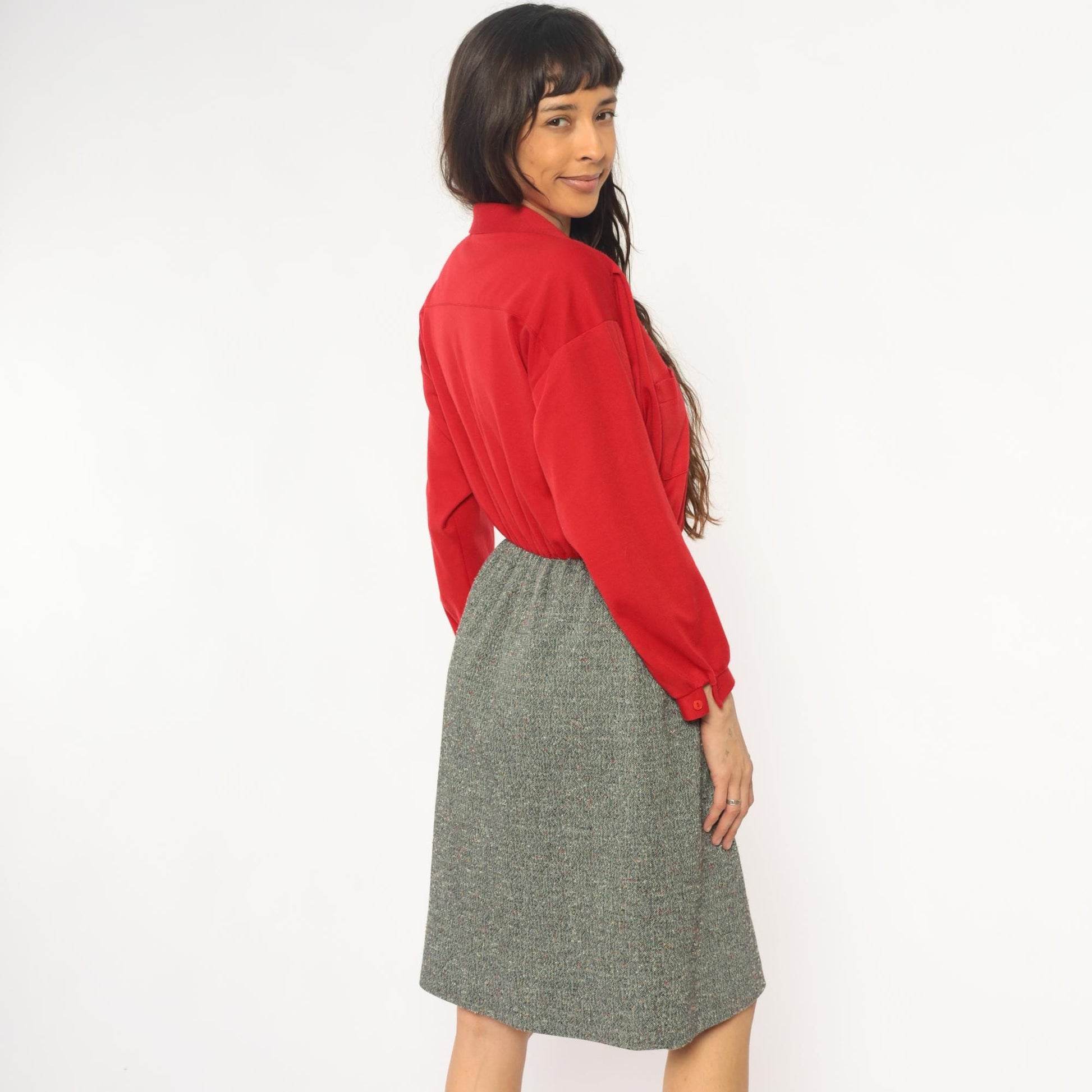 70s Lady Carol Petites Red Tweed Shirtdress Knee Length Small Medium