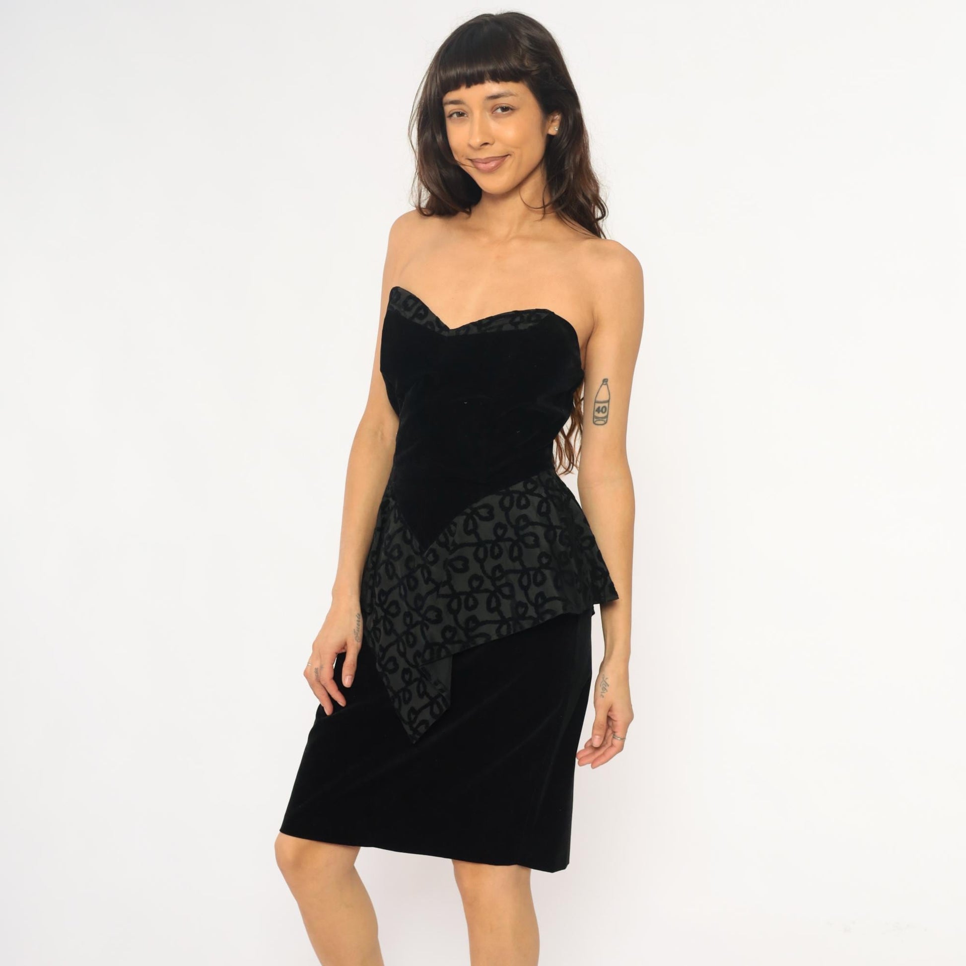 90s Milarzo Black Velvet Strapless Dress Sweetheart Neckline Peplum Extra Small XS
