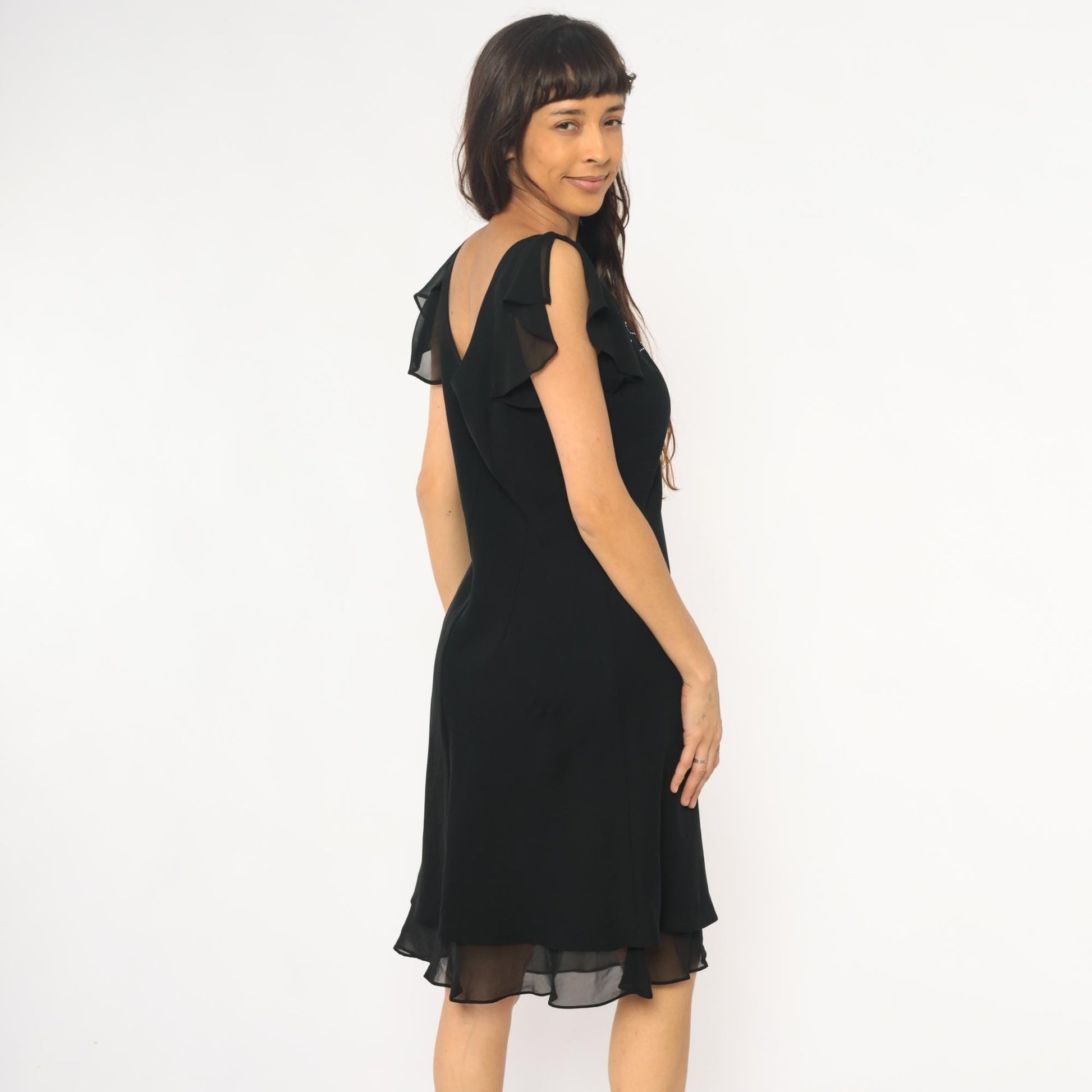 90s Sheri Martin Black Mini Dress Rhinestone V-Neck Cap Sleeve Medium