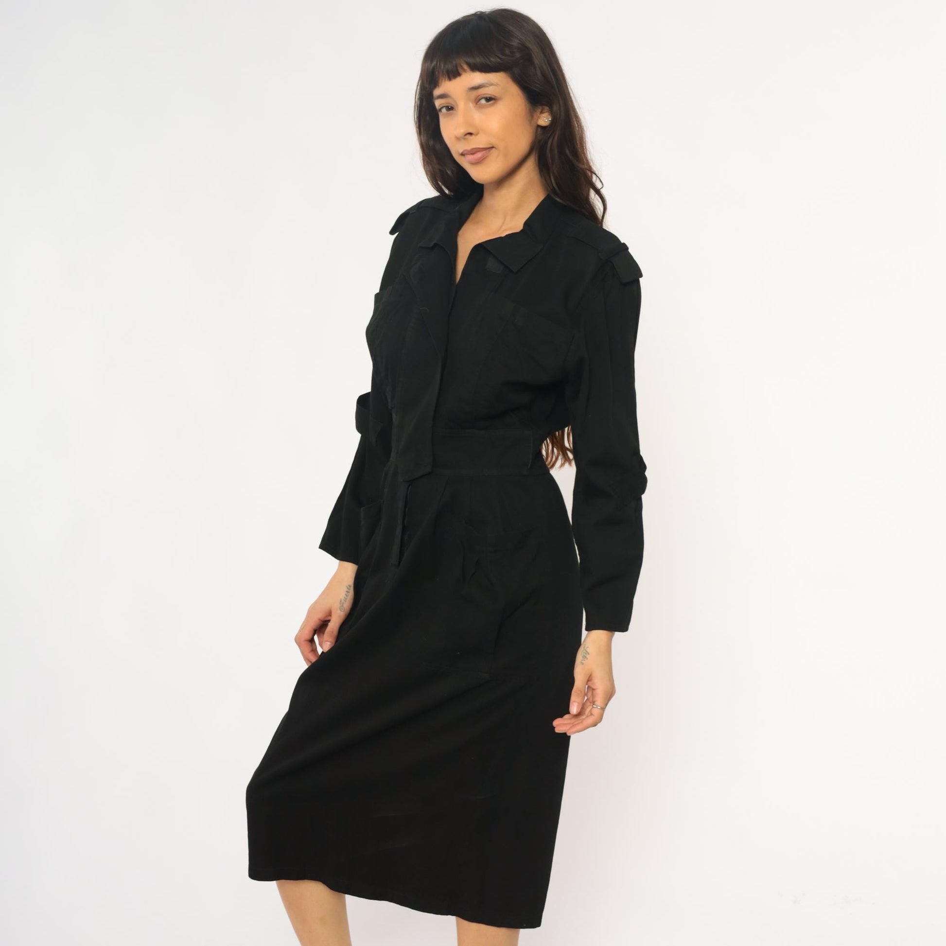 90s D Franke Black Trench Coat Dress Belted Midi Notched Collar Medium