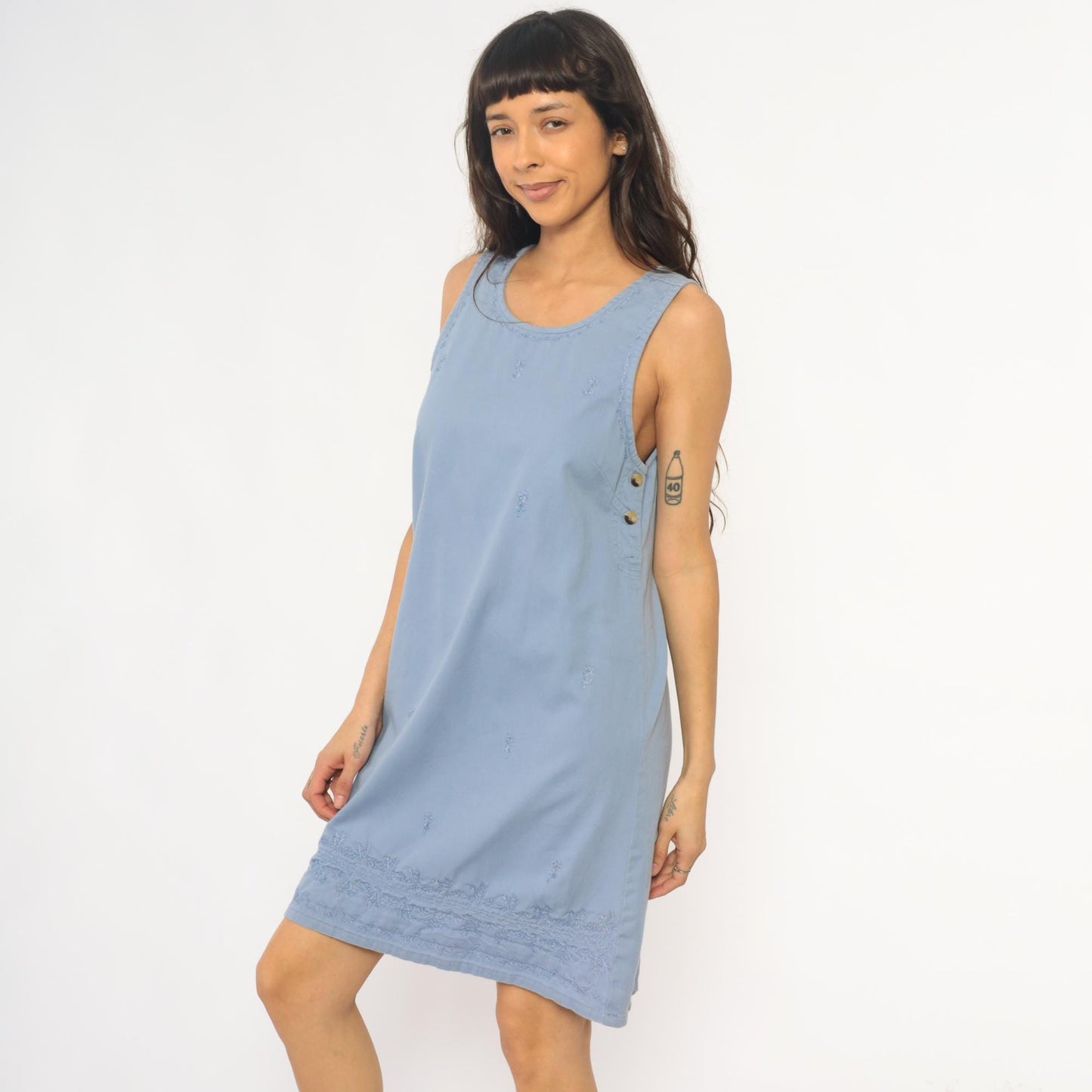 90s Basic Editions Powder Blue Cotton Shift Dress Floral Embroidered Small S