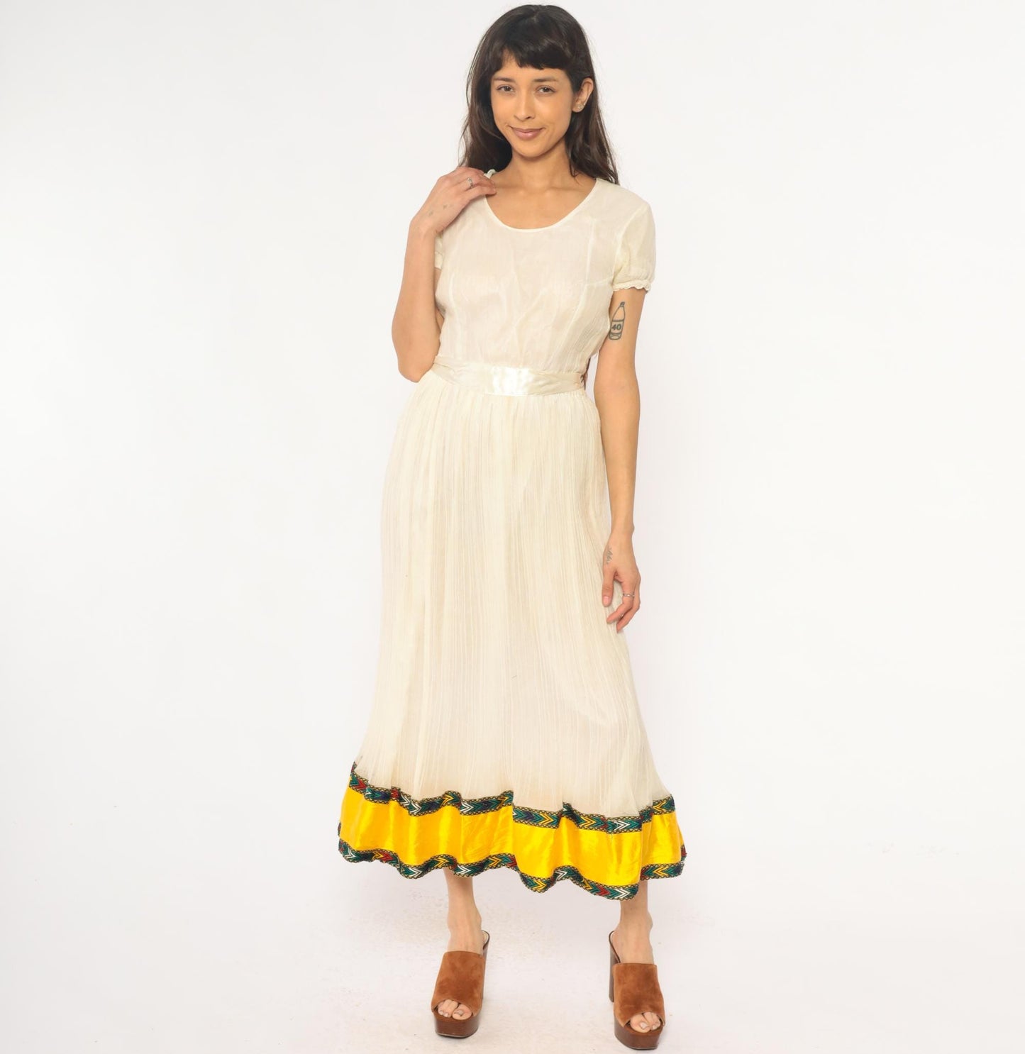 70s Cream Maxi Dress Puff Sleeve Pleated Skirt Embroidered Trim Extra Small