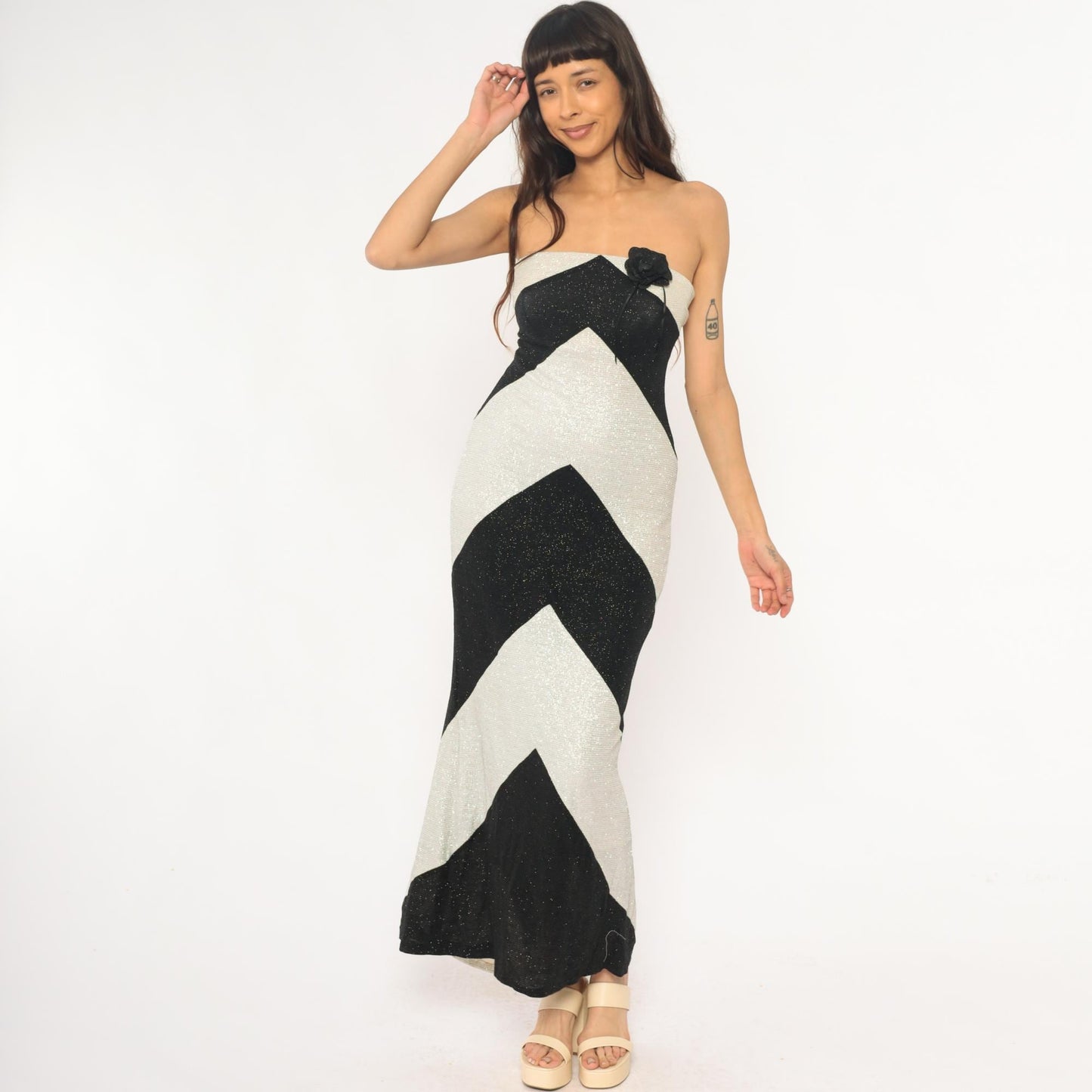 Y2K Pontic Prince Chevron Maxi Dress Black Cream Metallic Strapless Small