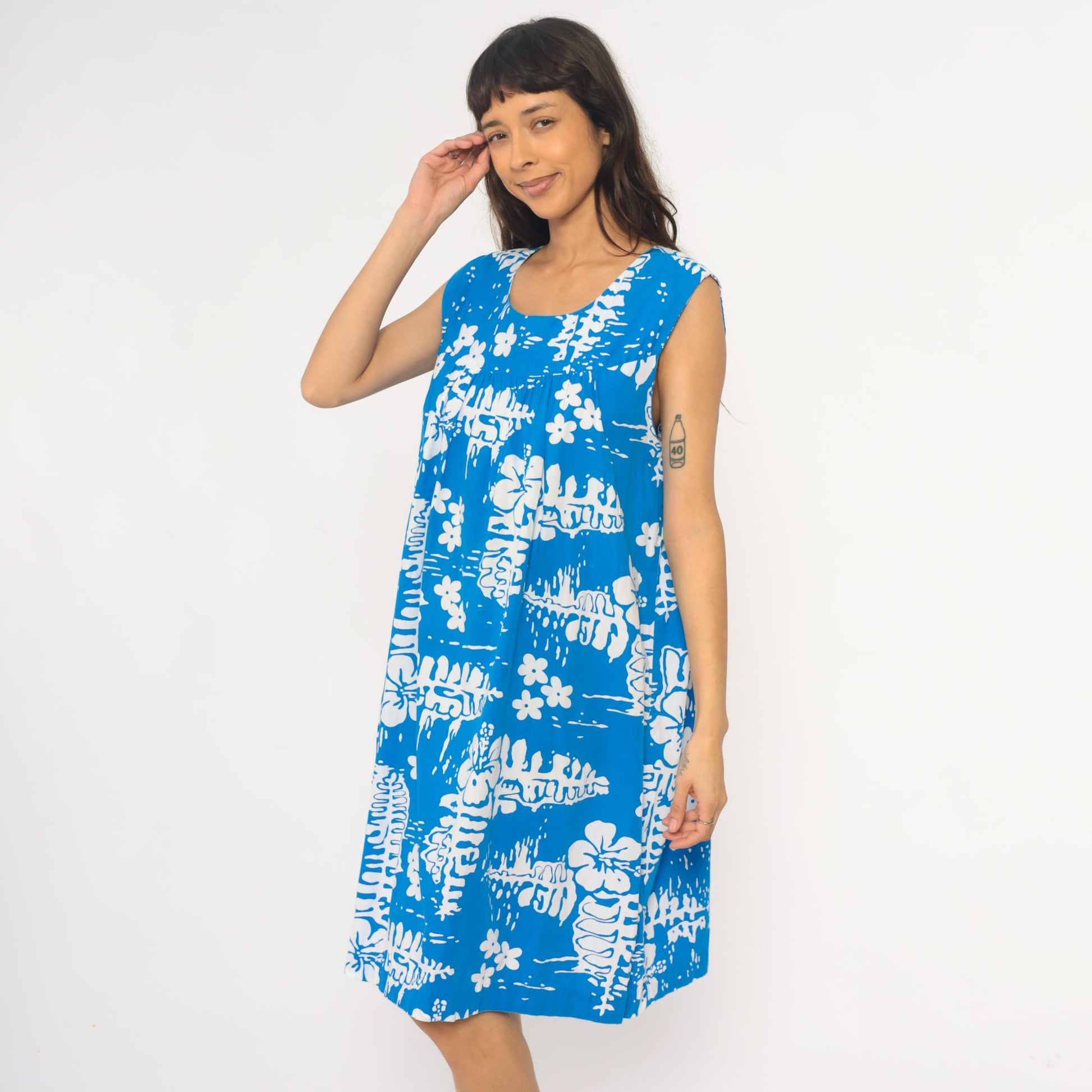90s Hawaiian Tropical Floral Empire Waist Dress Blue Cotton Knee Length Medium