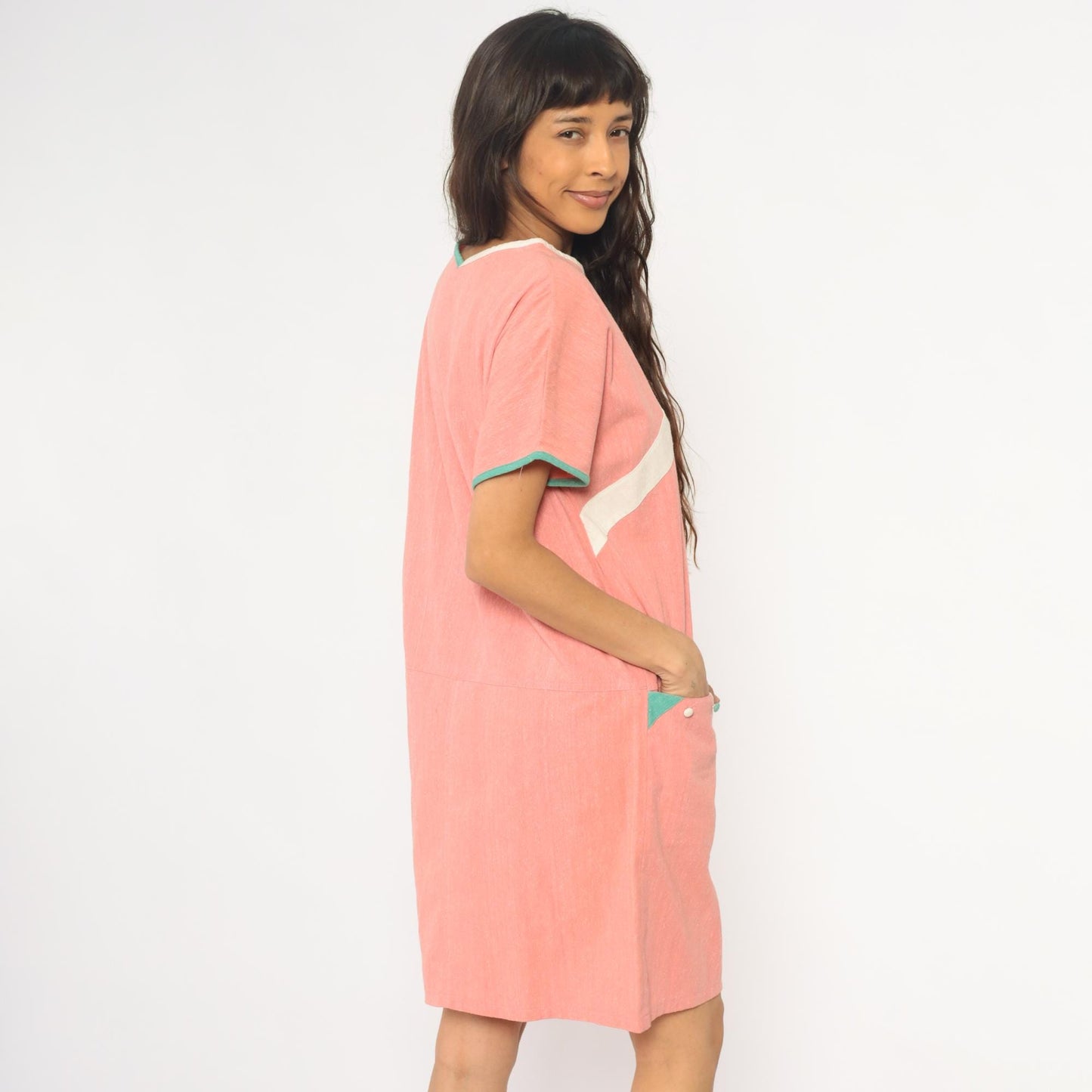 90s Colorblock Shift Dress Coral Pink Teal Geometric Pockets Knee Length Large L