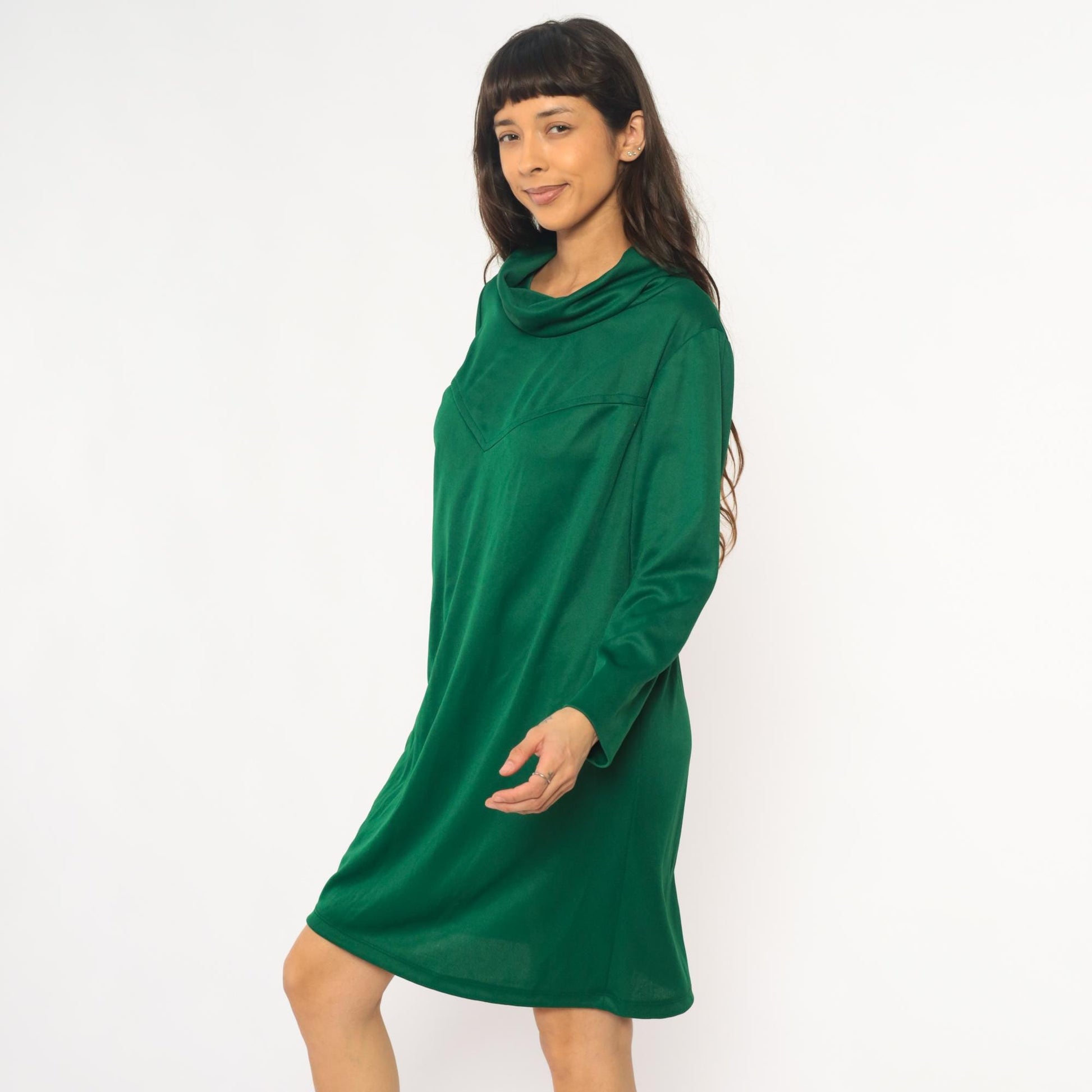 70s Sears Green Velvet Cowl Neck Dress Chevron Knee-Length Extra Large