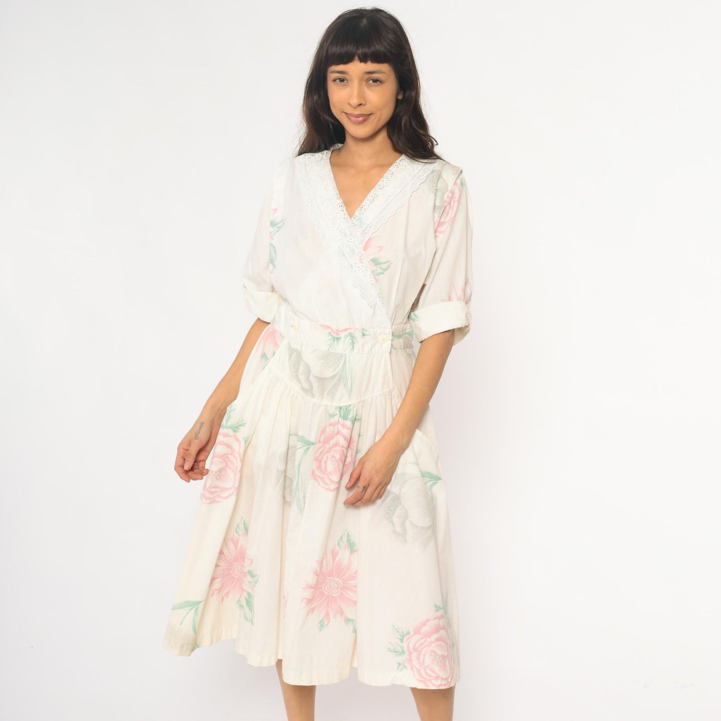 80s Floral Midi Dress Cream Pink Rose Print Cotton Eyelet Lace Medium
