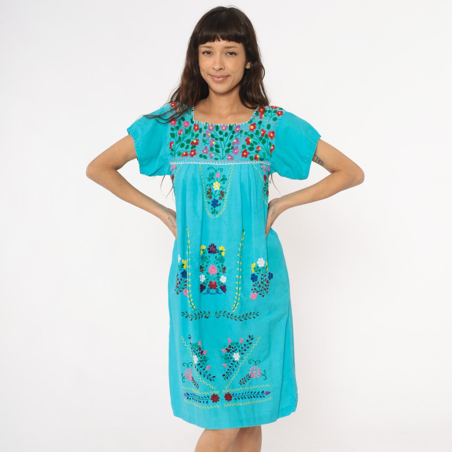 80s Mexican Embroidered Turquoise Cotton Dress Floral Empire Waist Extra Small XS