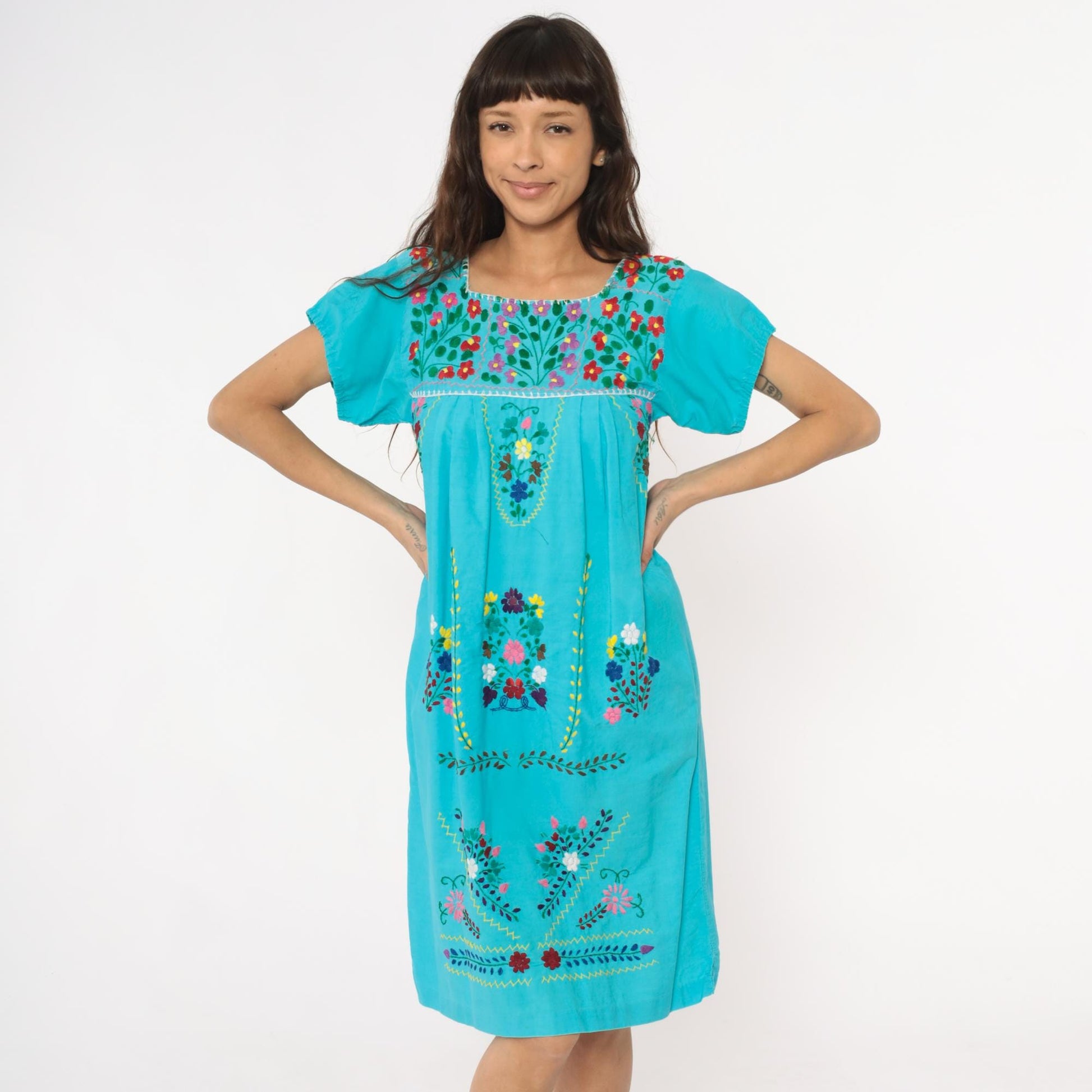 80s Mexican Embroidered Turquoise Cotton Dress Floral Empire Waist Extra Small XS