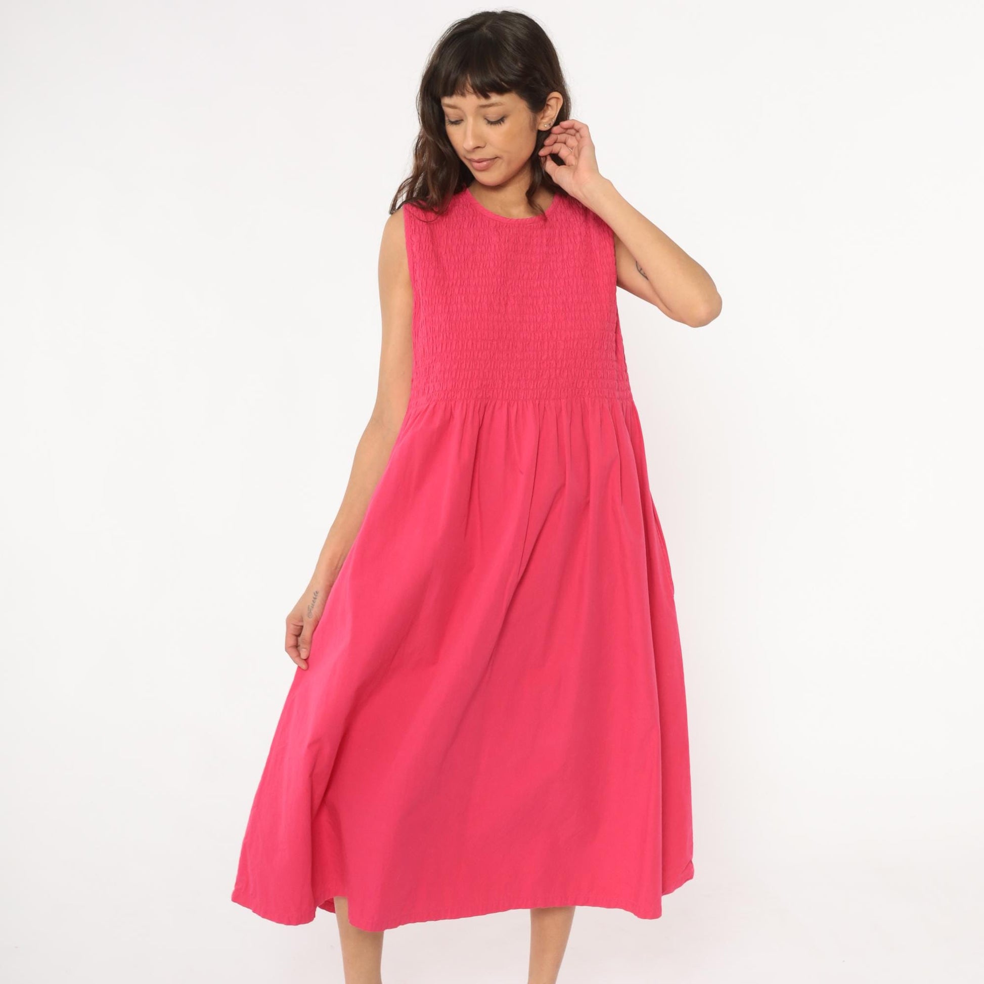 Y2K Coral Pink Maxi Dress Smocked Bodice Cotton Sleeveless Large