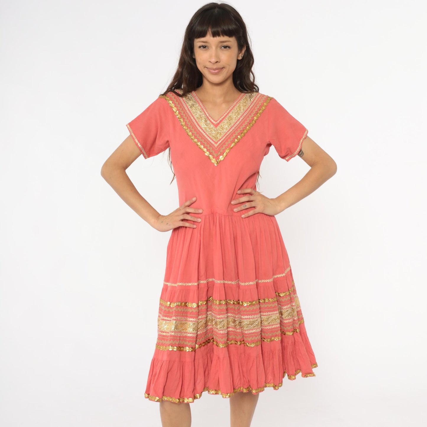 60s Faye Creations Prairie Dress Coral Pink Gold Trim Tiered Cotton Medium M