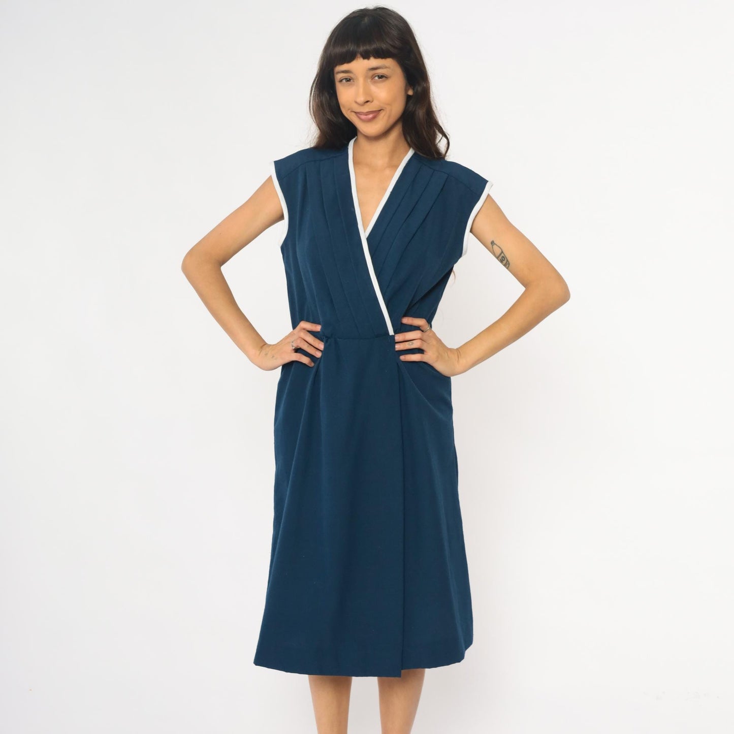 80s Toni Todd Navy Wrap Dress White Trim Cap Sleeve Midi Small Medium