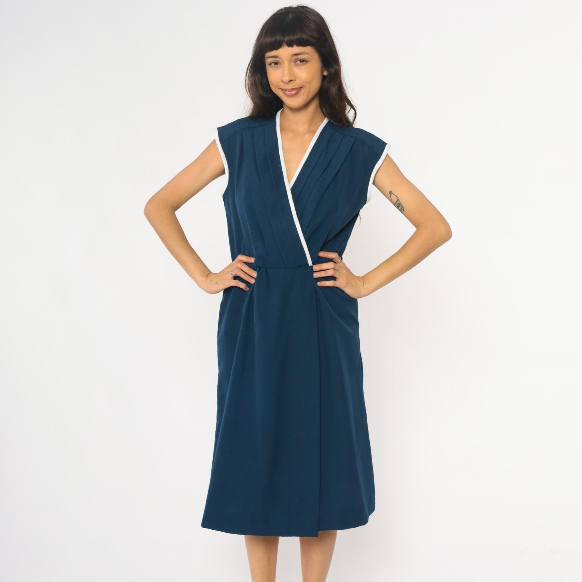 80s Toni Todd Navy Wrap Dress White Trim Cap Sleeve Midi Small Medium