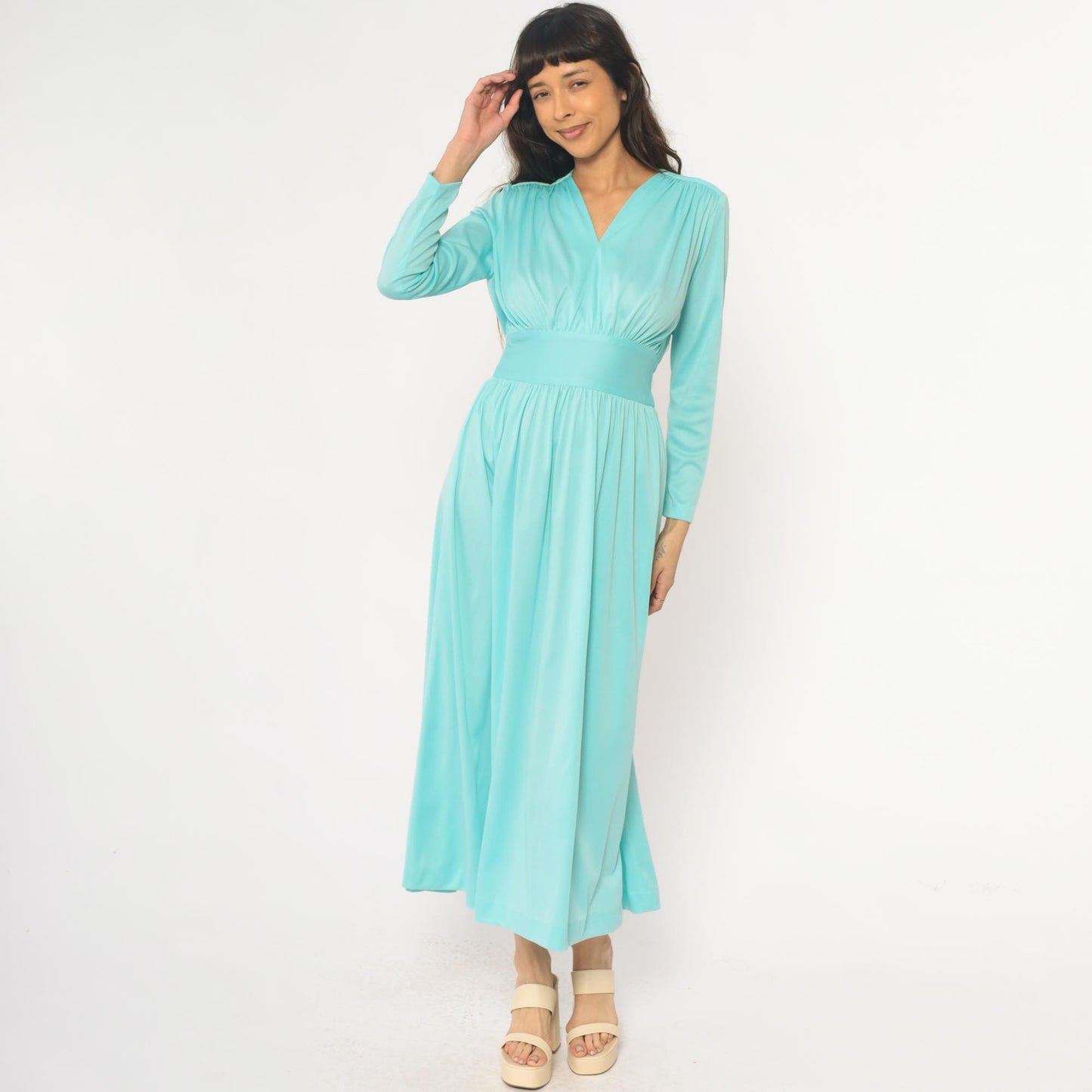 70s Enrico Serrati Aqua Maxi Dress V-Neck Tie Waist Long Sleeve Medium