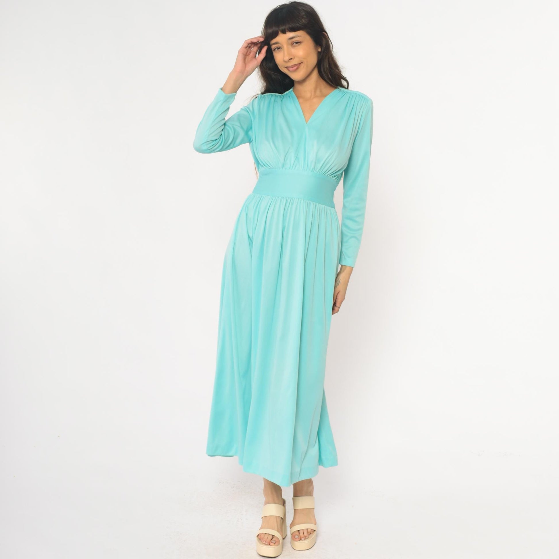 70s Enrico Serrati Aqua Maxi Dress V-Neck Tie Waist Long Sleeve Medium