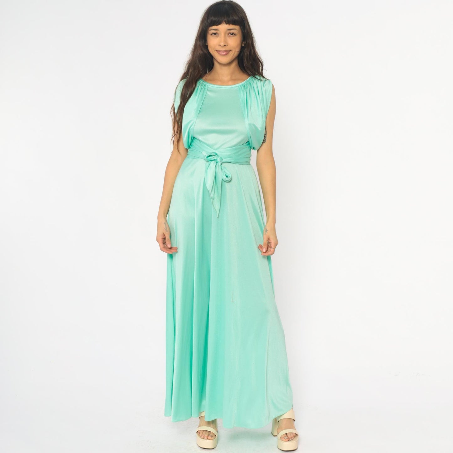 70s Mint Green Maxi Dress Ruched Neckline Tie Belt Sleeveless Small