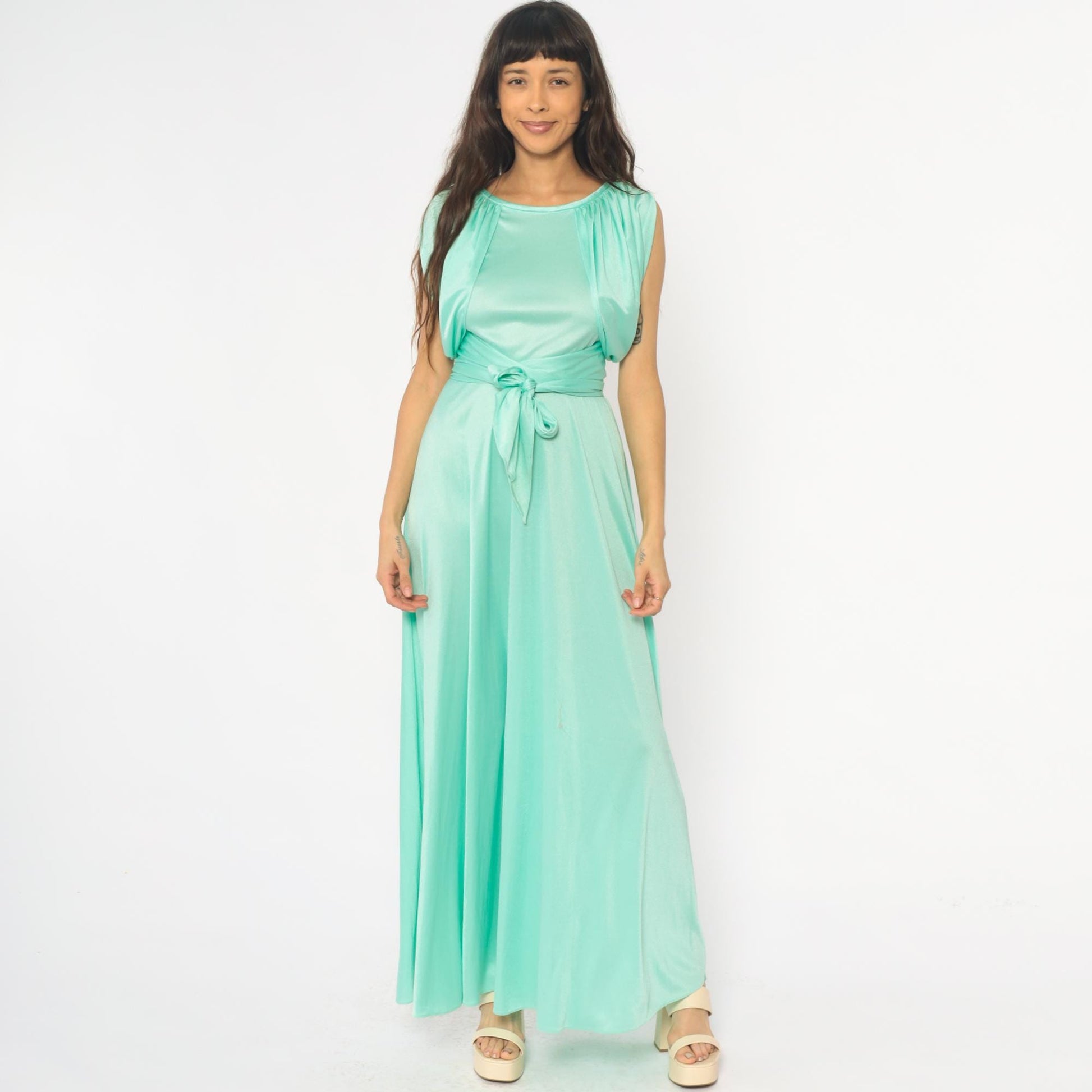70s Mint Green Maxi Dress Ruched Neckline Tie Belt Sleeveless Small