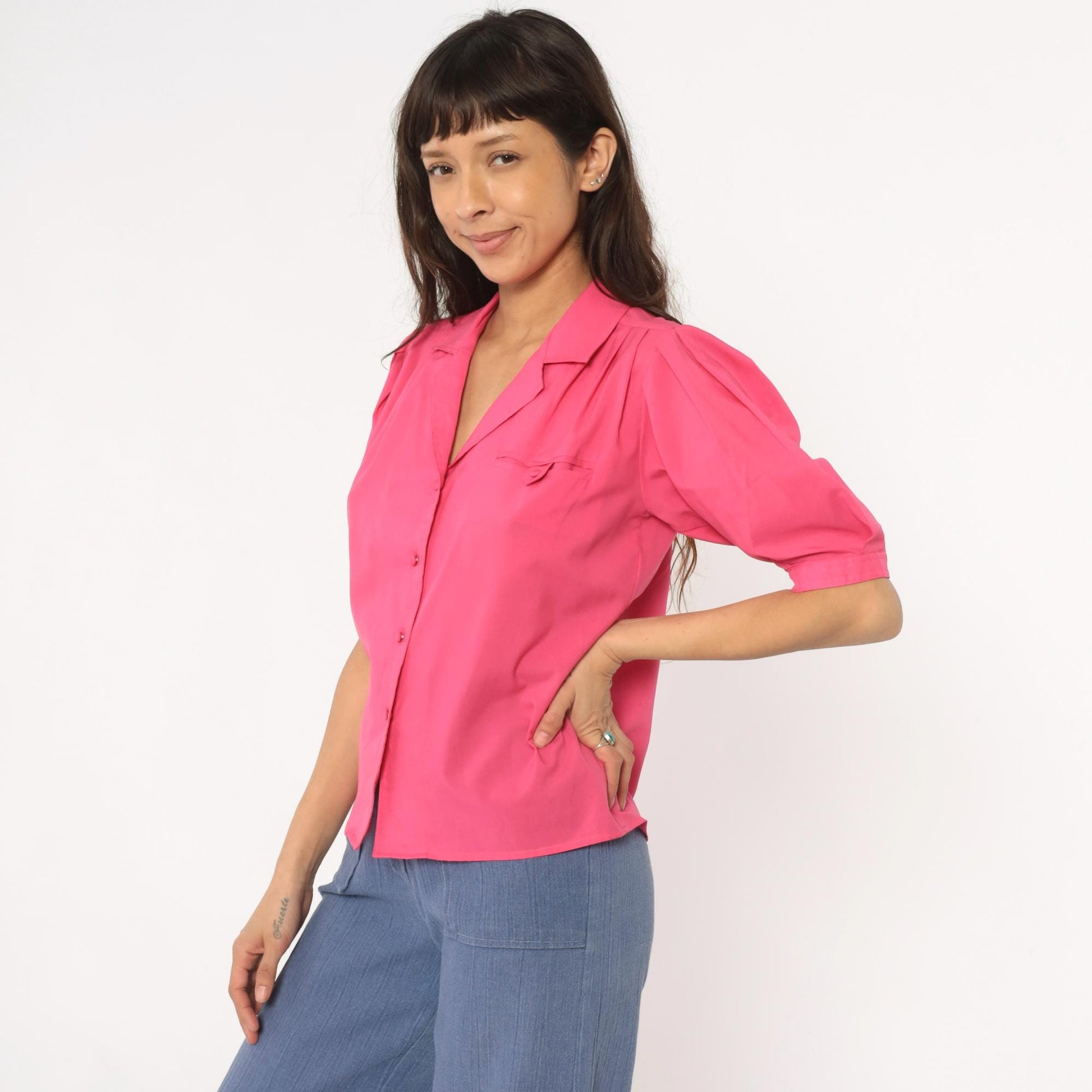 80s Hot Pink Josephine Blouse Puff Sleeve Button Front Power Dressing Medium