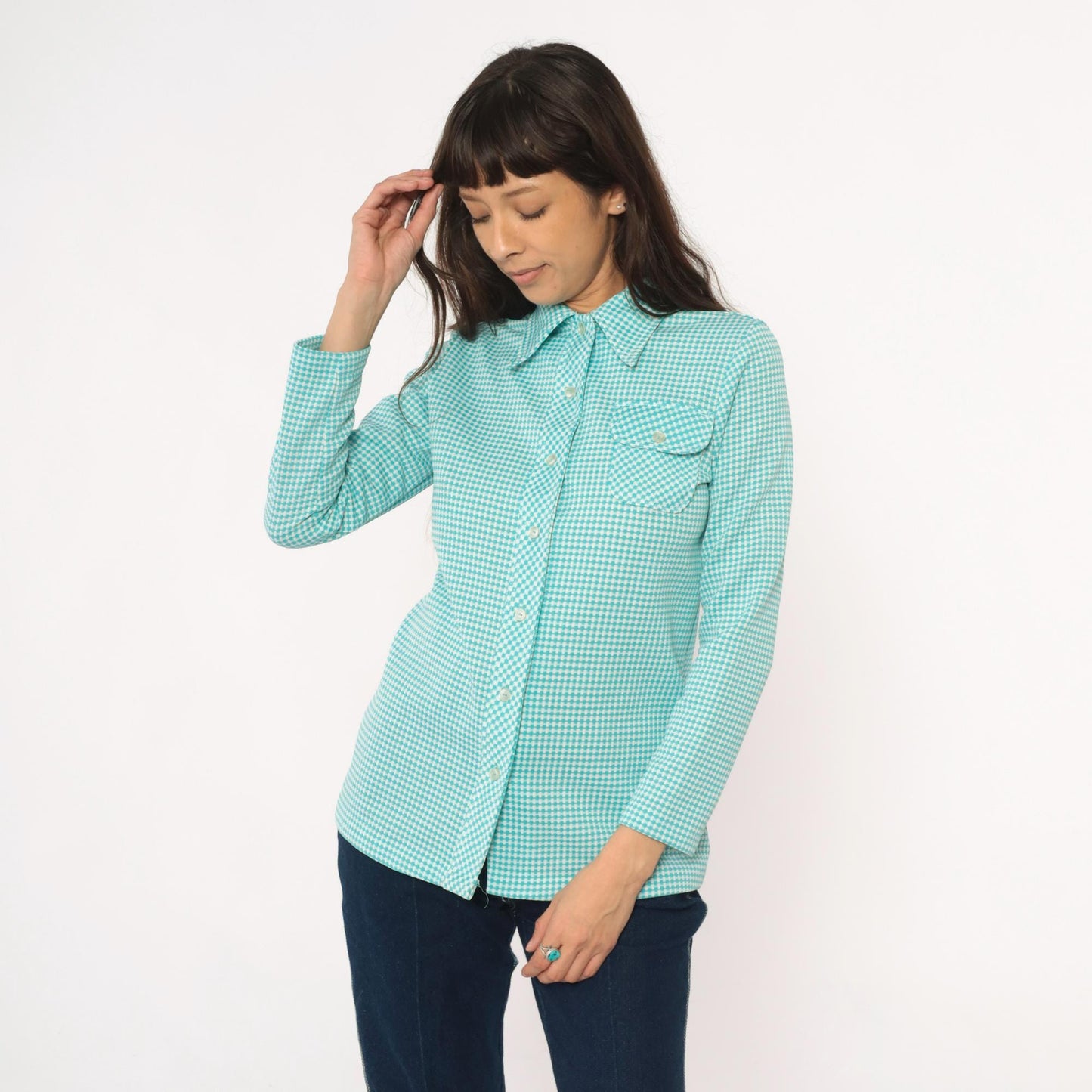 70s Turquoise Gingham Button-Front Shirt Chest Pocket Long Sleeve Small