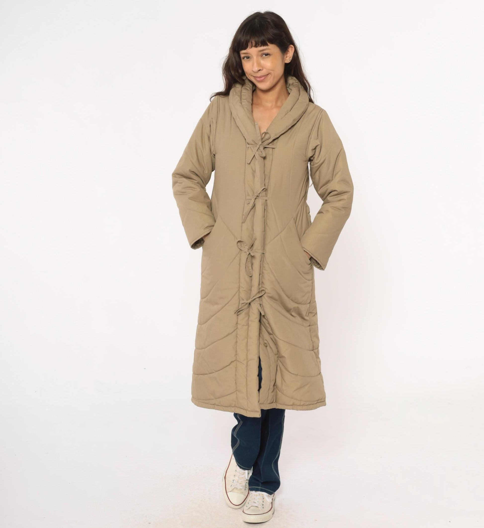 80s Tan Quilted Parka Jacket Chevron Shawl Collar Tie Front Duster Extra Small XS