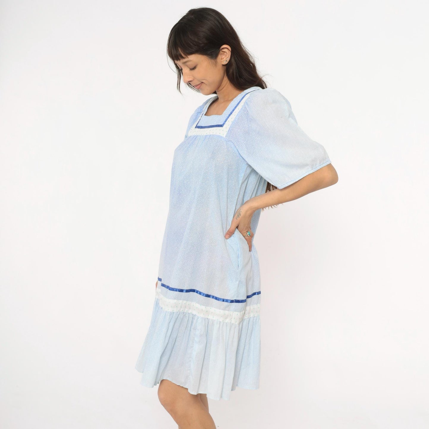 80s Light Blue Hawaiian Dress Cotton Puff Sleeve Square Neck Empire Waist Extra Small