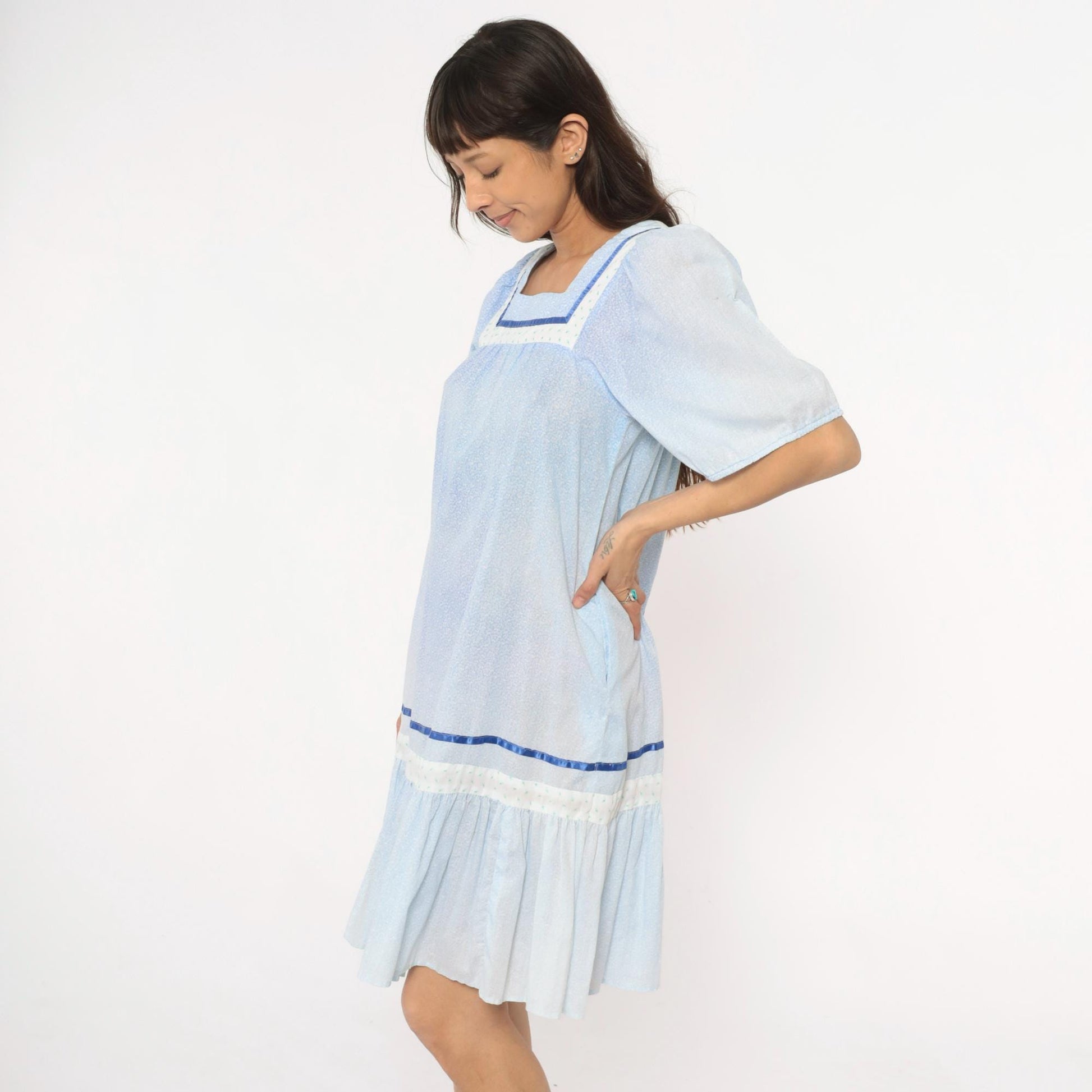 80s Light Blue Hawaiian Dress Cotton Puff Sleeve Square Neck Empire Waist Extra Small