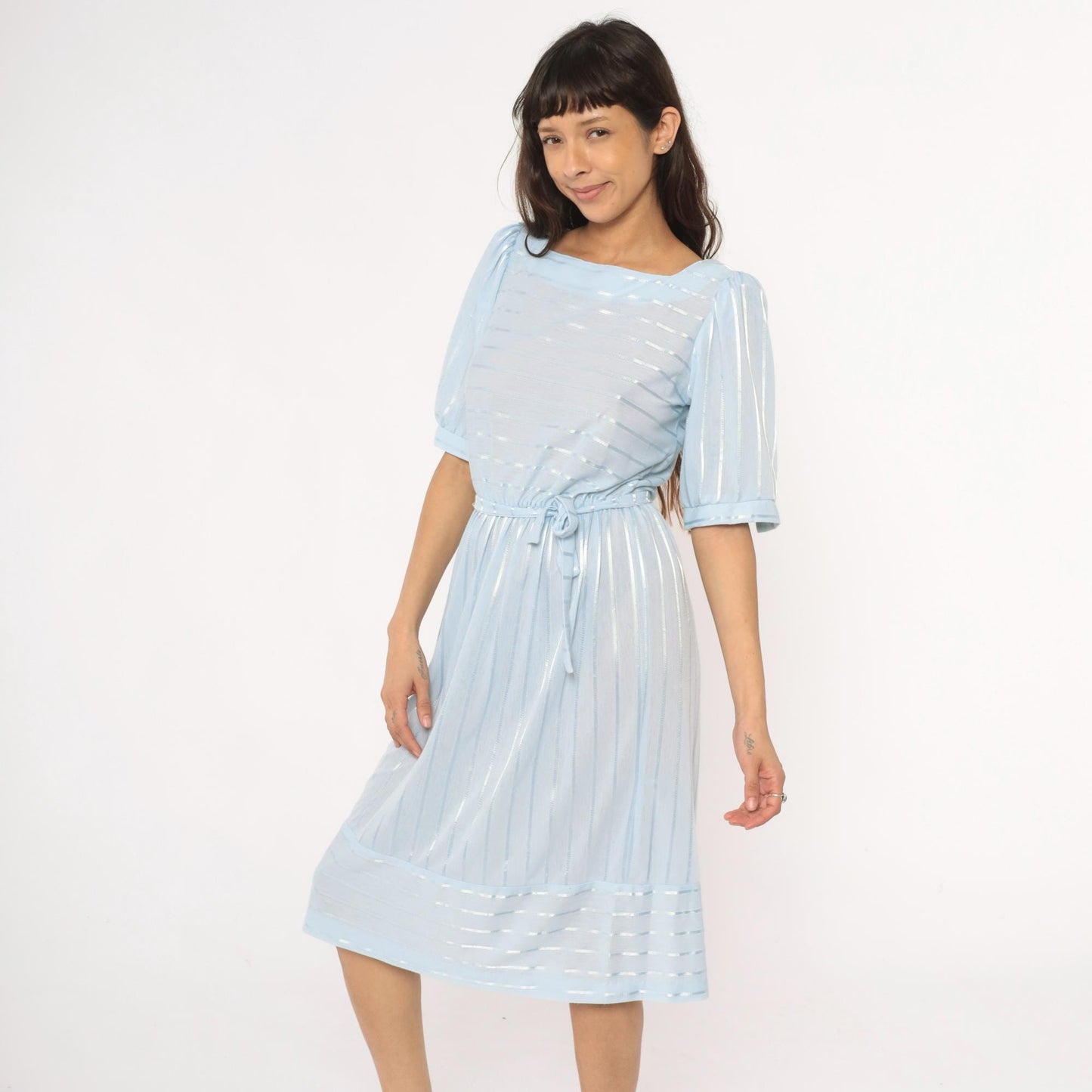 80s Baby Blue Striped Midi Dress Puff Sleeve Boat Neck Cotton Medium