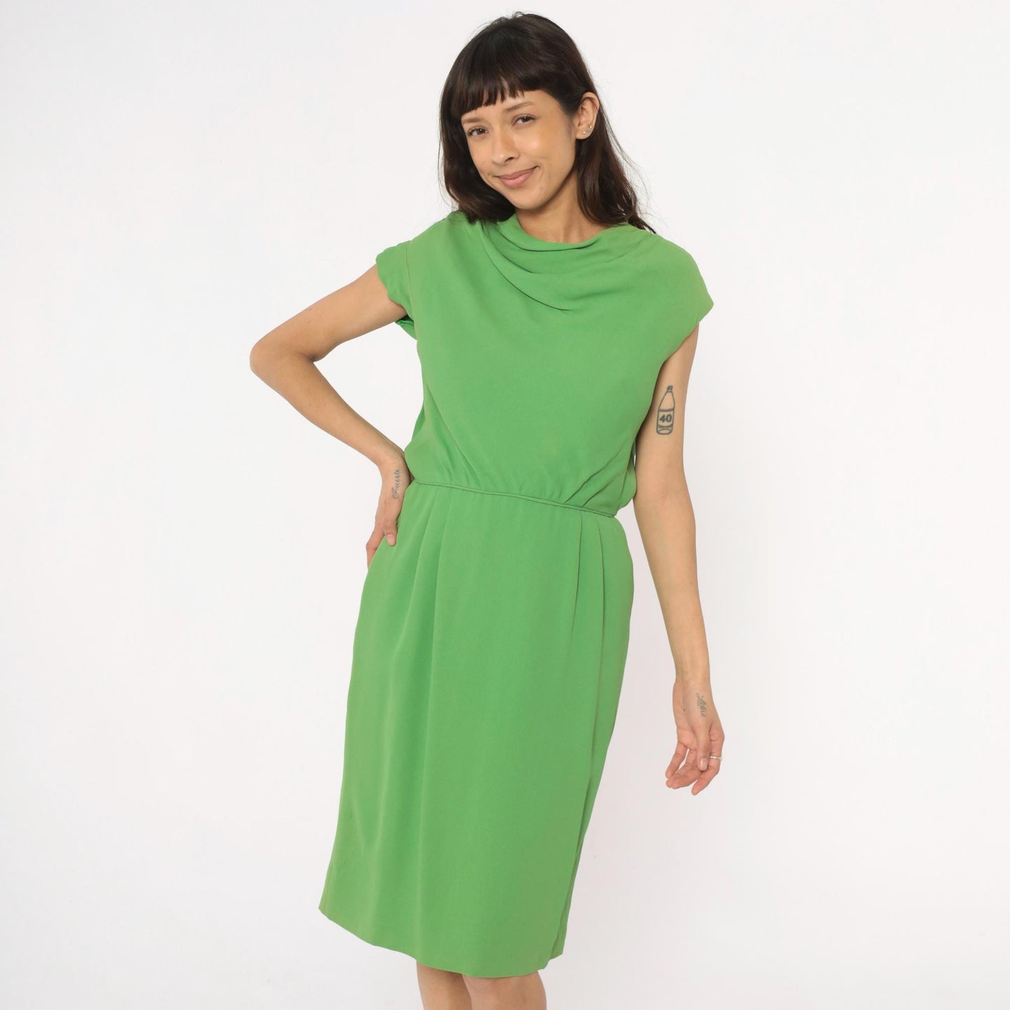 60s Richard Frontman Apple Green Cowl Neck Dress Knee-Length Small