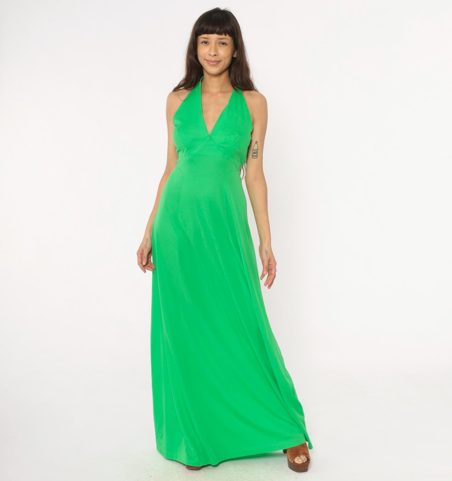 70s Green Halter Maxi Dress Deep V Neck Tie Waist Empire A-Line Medium