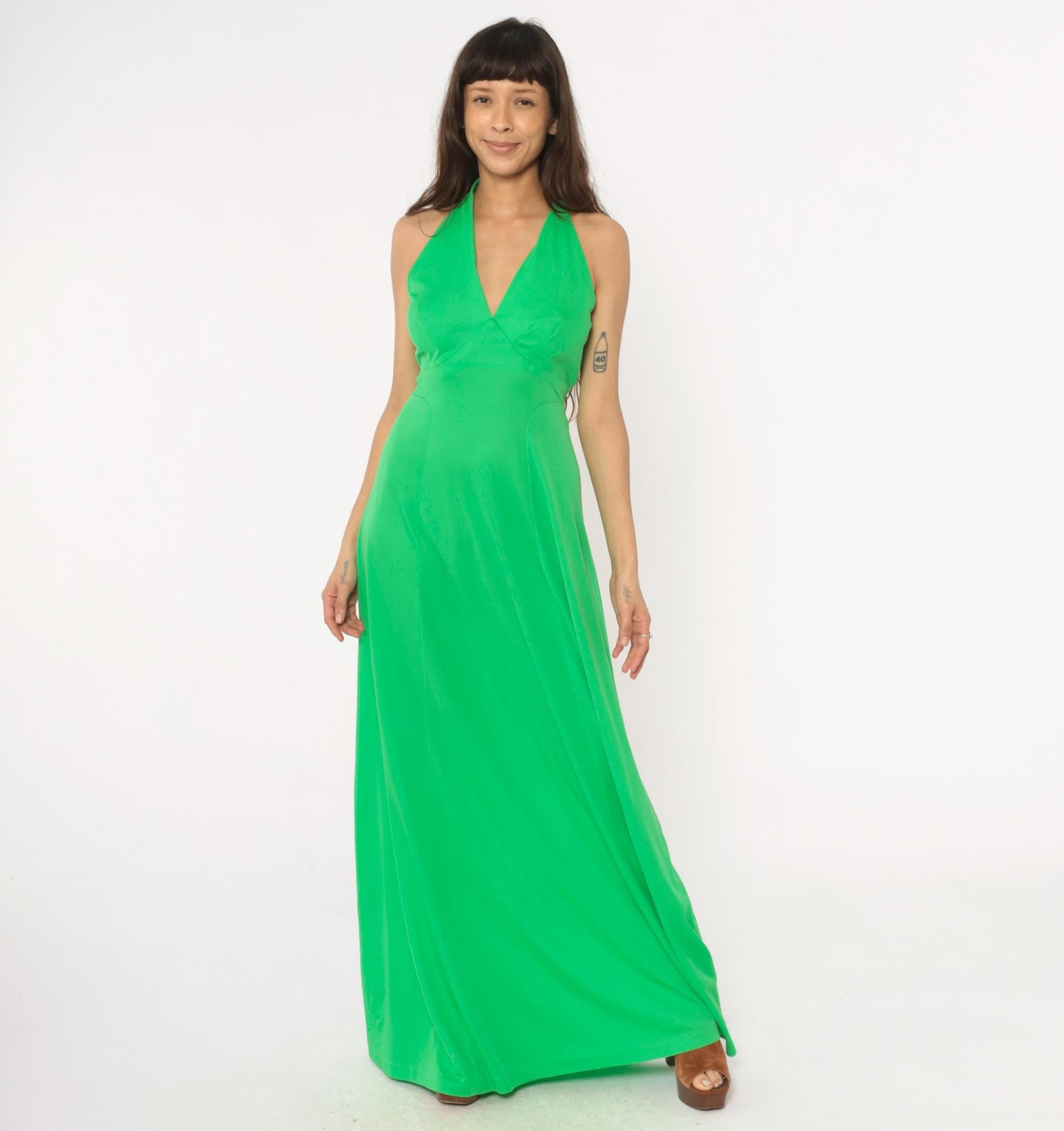 70s Green Halter Maxi Dress Deep V Neck Tie Waist Empire A-Line Medium
