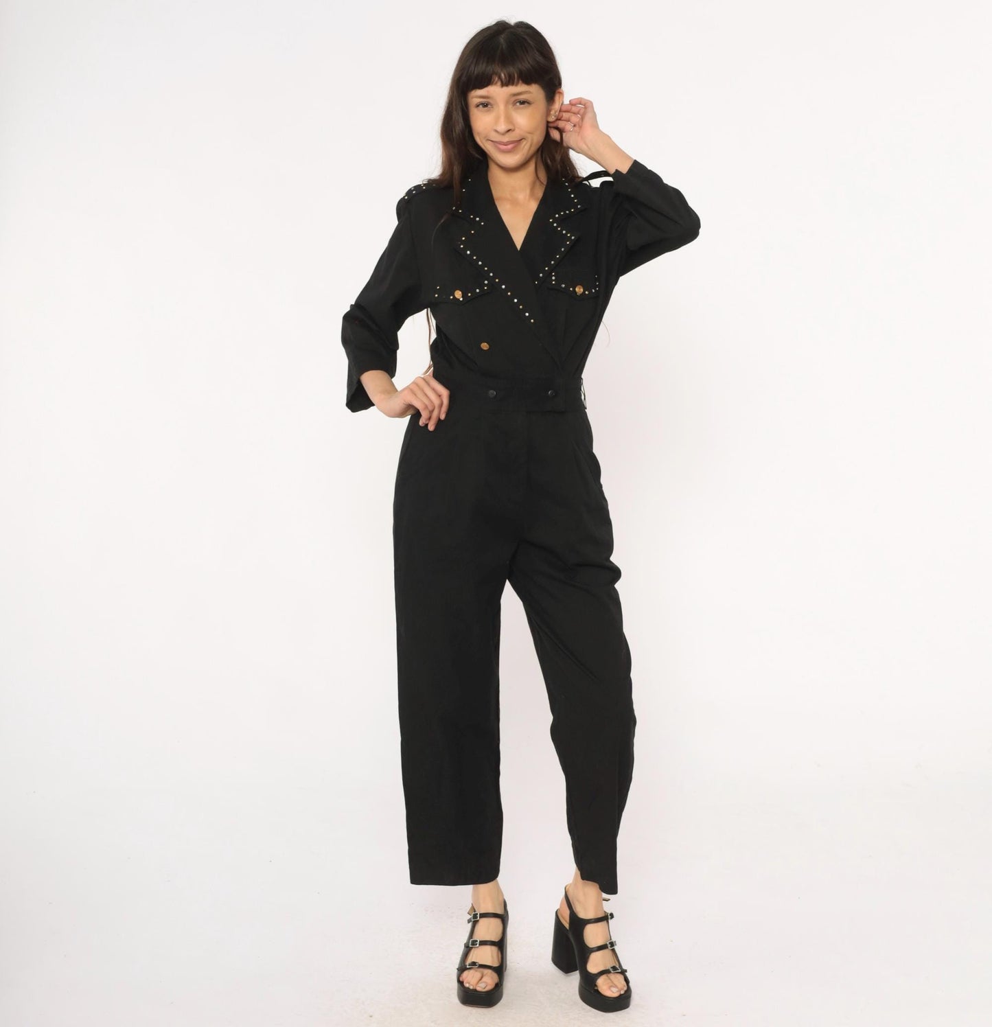 90s D Frank Black Cotton Jumpsuit Rhinestone V-Neck Wide Leg Small S