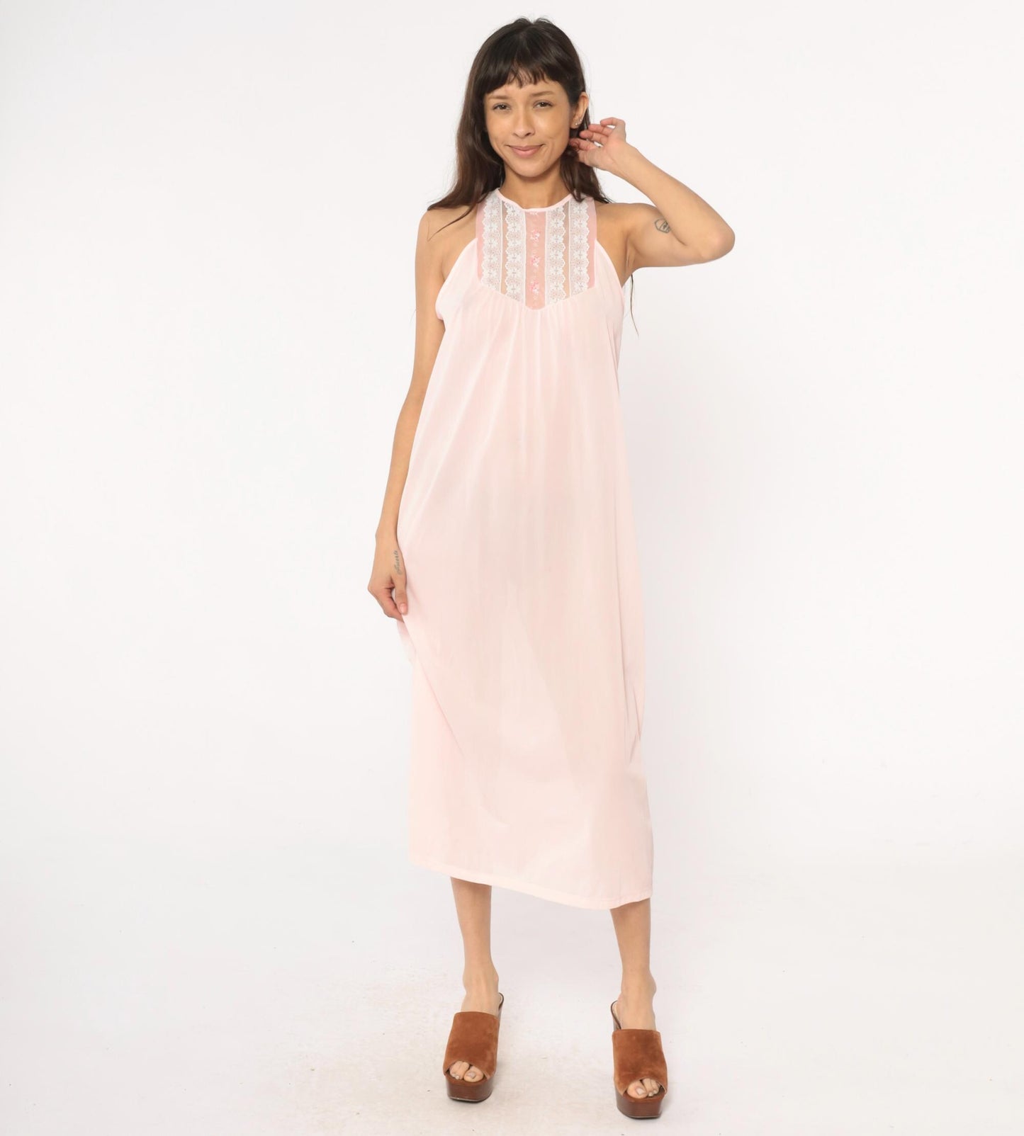 80s Pink Halter Maxi Nightgown Lace Floral Embroidered Empire Waist Medium