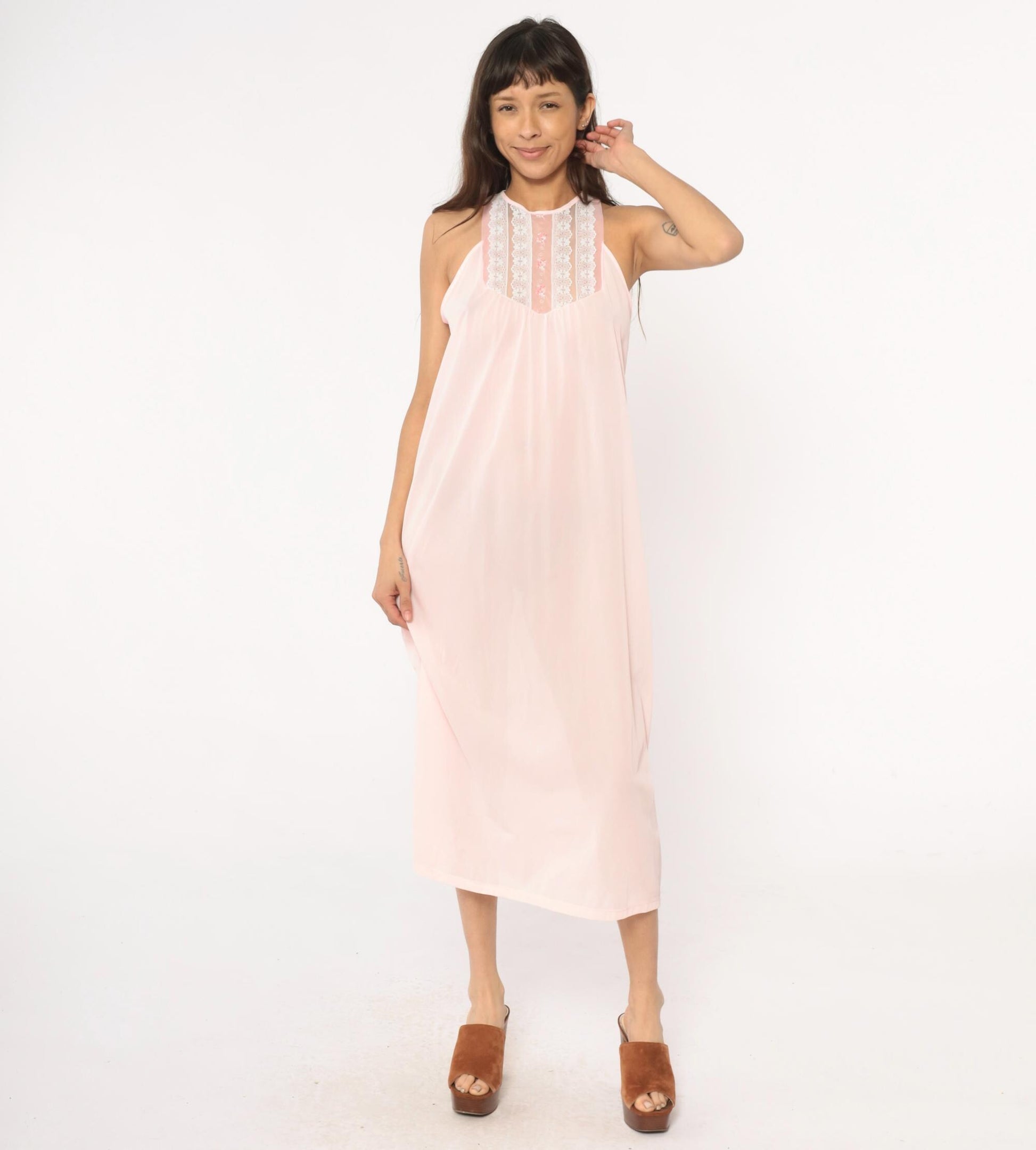 80s Pink Halter Maxi Nightgown Lace Floral Embroidered Empire Waist Medium