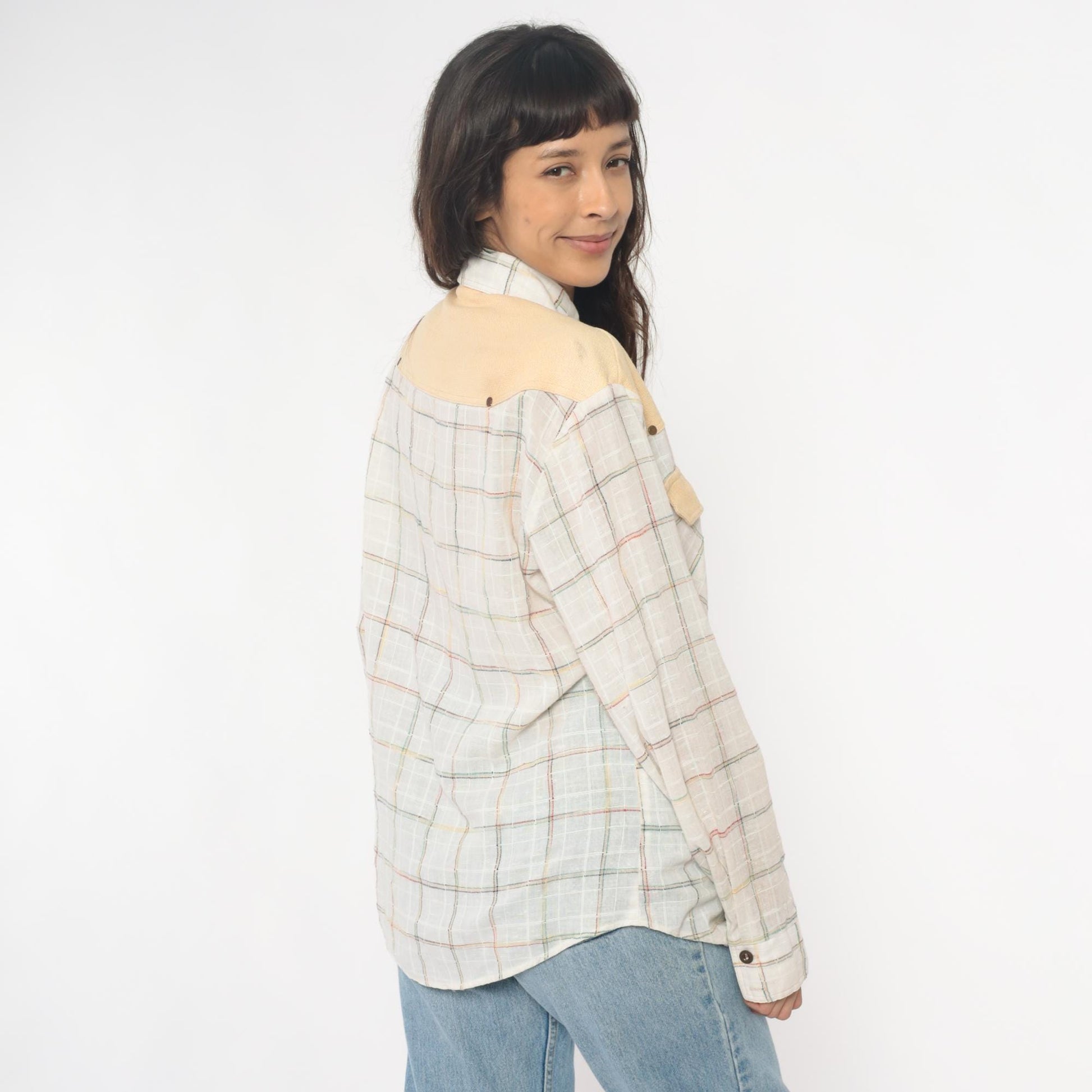 70s Kennington Western Shirt Plaid Cream Peach Yoke Button Front Medium