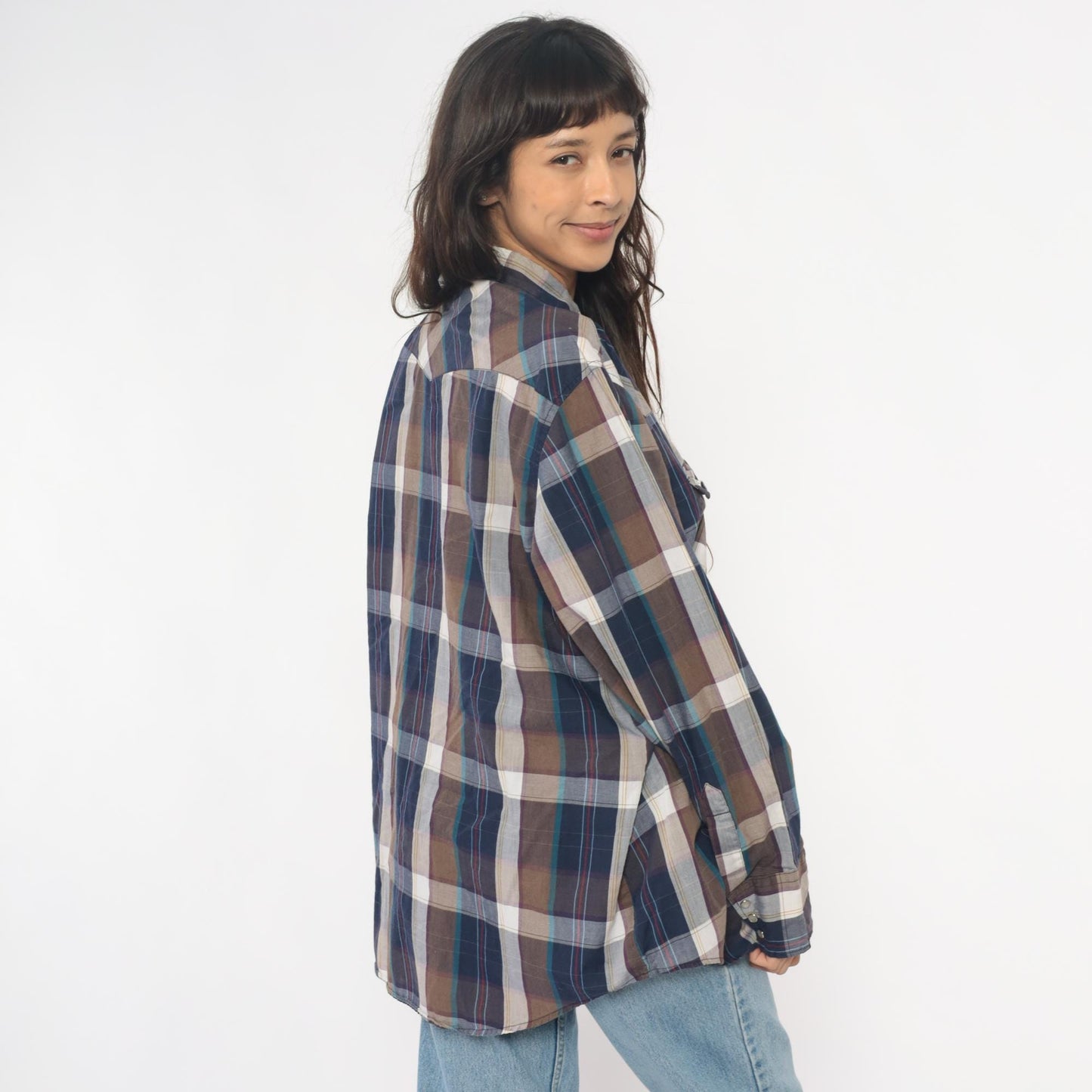 90s Youngbloods Western Shirt Pearl Snap Plaid Navy Brown Extra Large XL