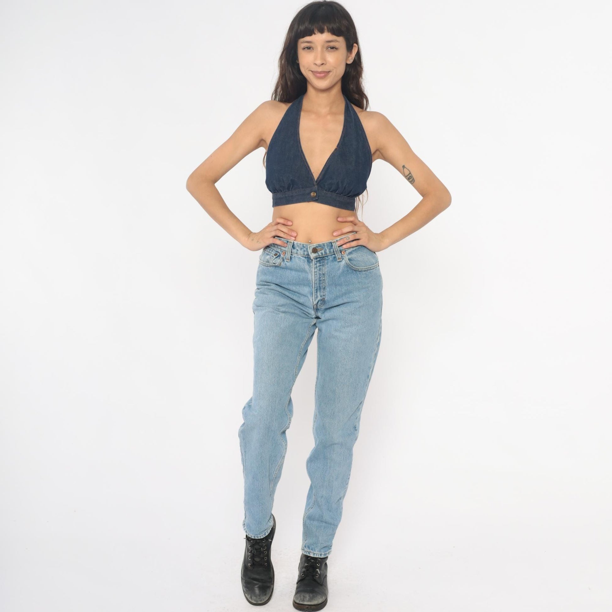 90s Dark Denim Halter Crop Top Tie Neck Open Back Small Medium