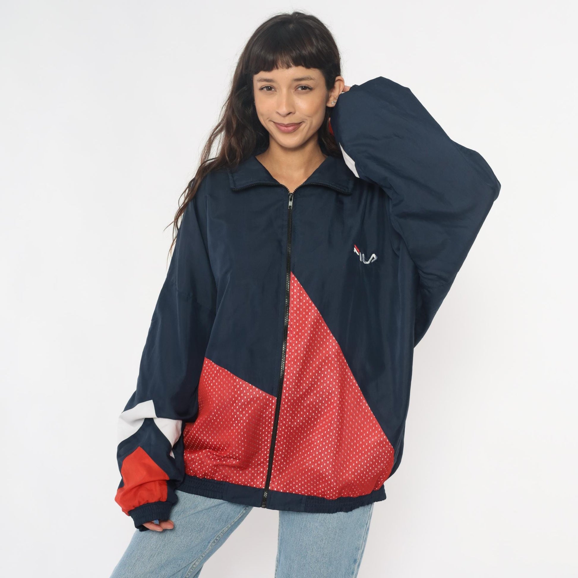 90s Fila Windbreaker Colorblock Navy Red White Full Zip Track Jacket Extra Large
