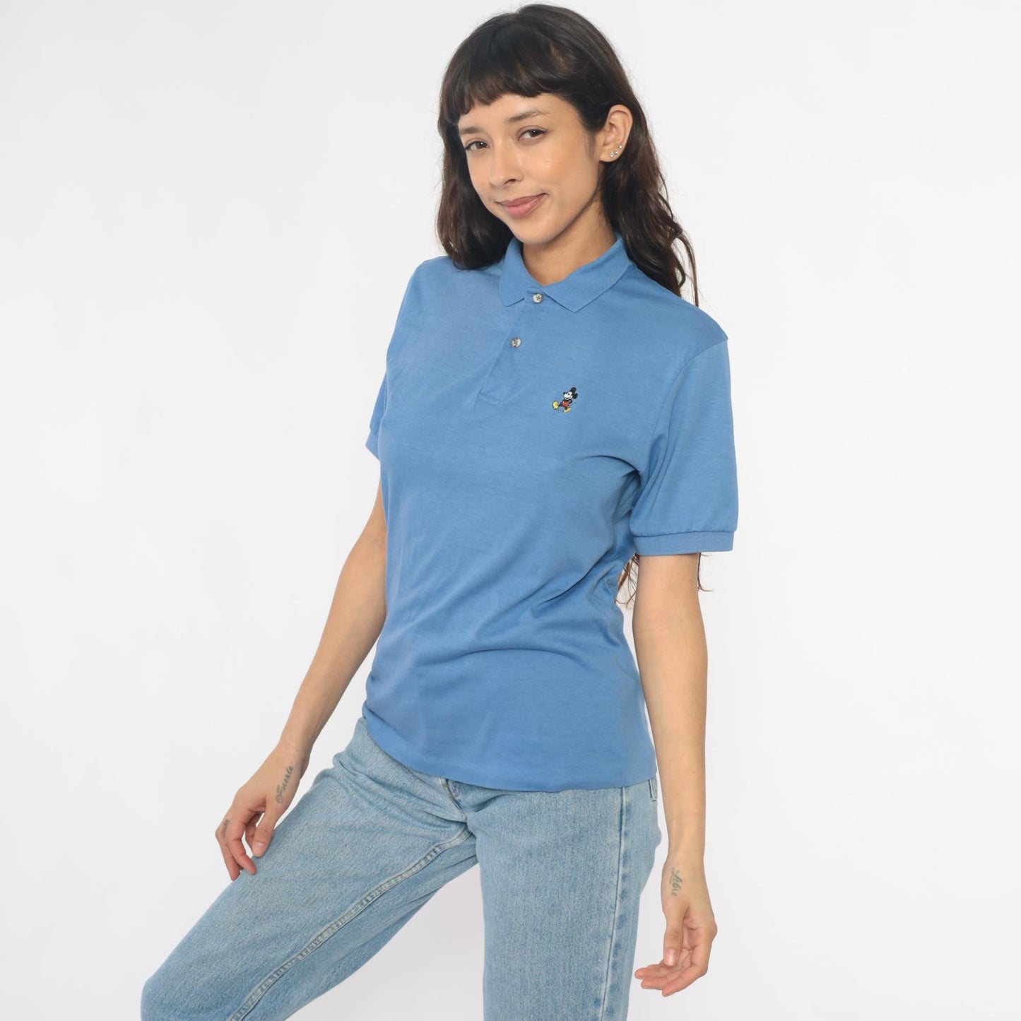 80s Disney Mickey Mouse Polo Cornflower Blue Embroidered Shirt Medium M