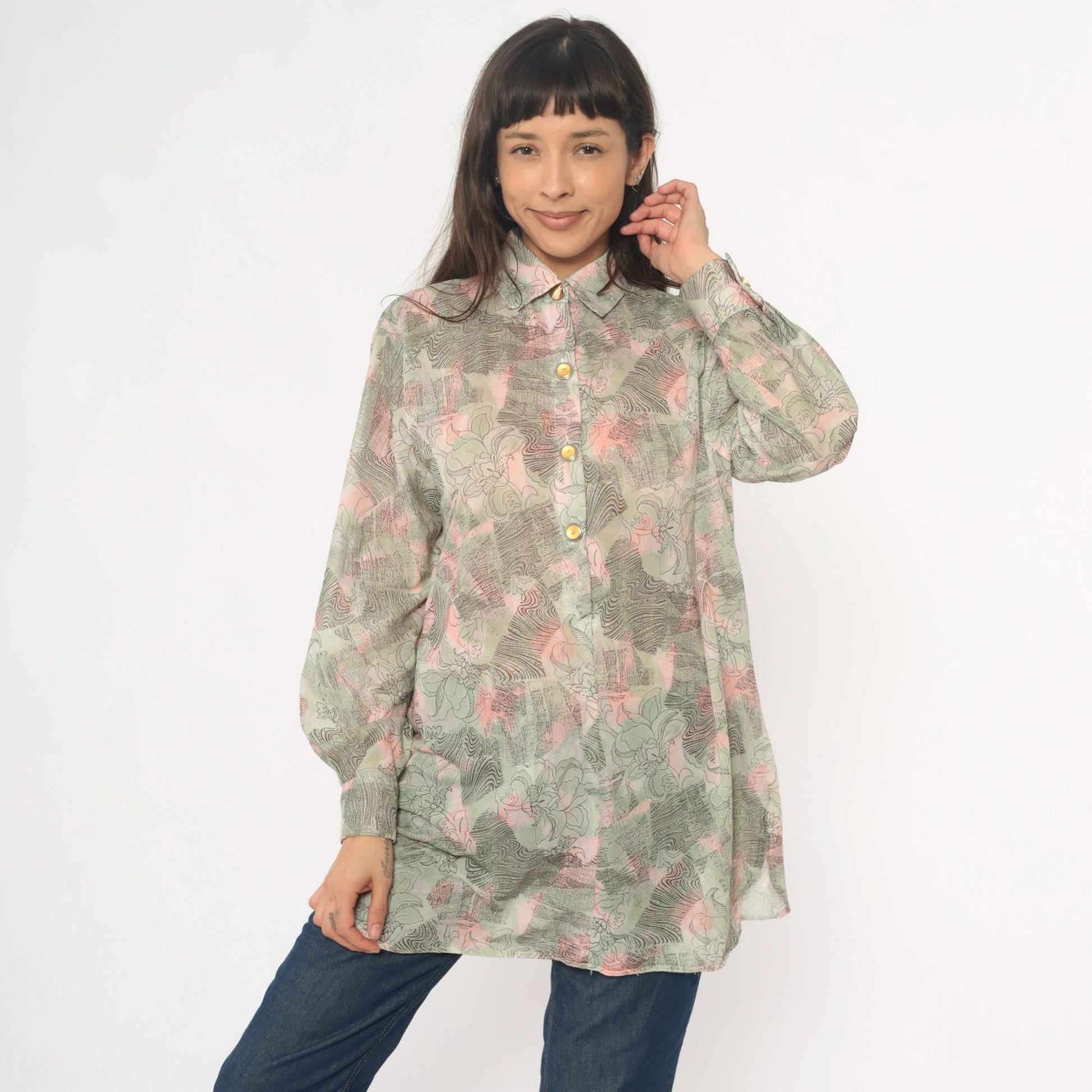 70s Abstract Floral Tunic Shirt Sage Pink Cream Button Front Medium