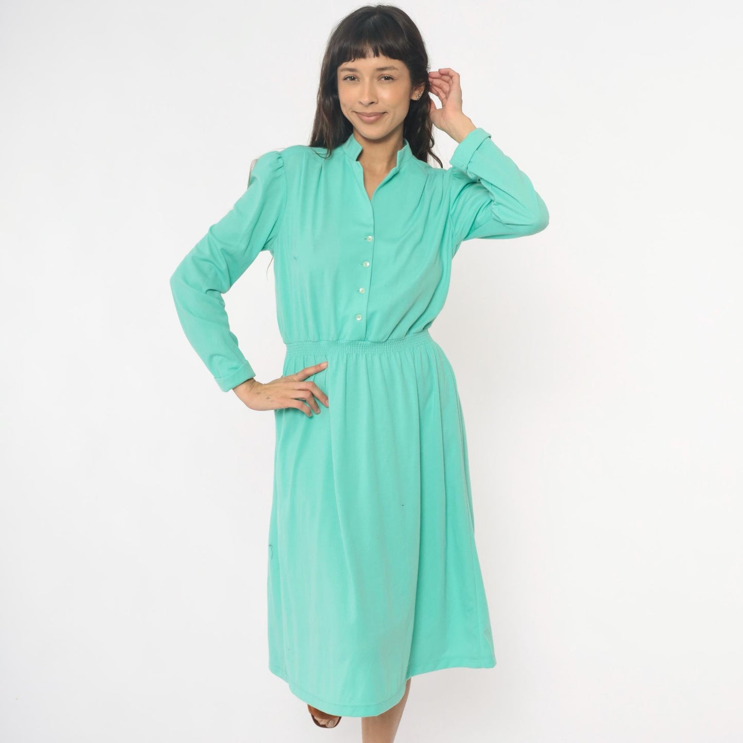 80s Lehigh Mint Green Shirtdress Puff Shoulder Knee-Length Small Medium
