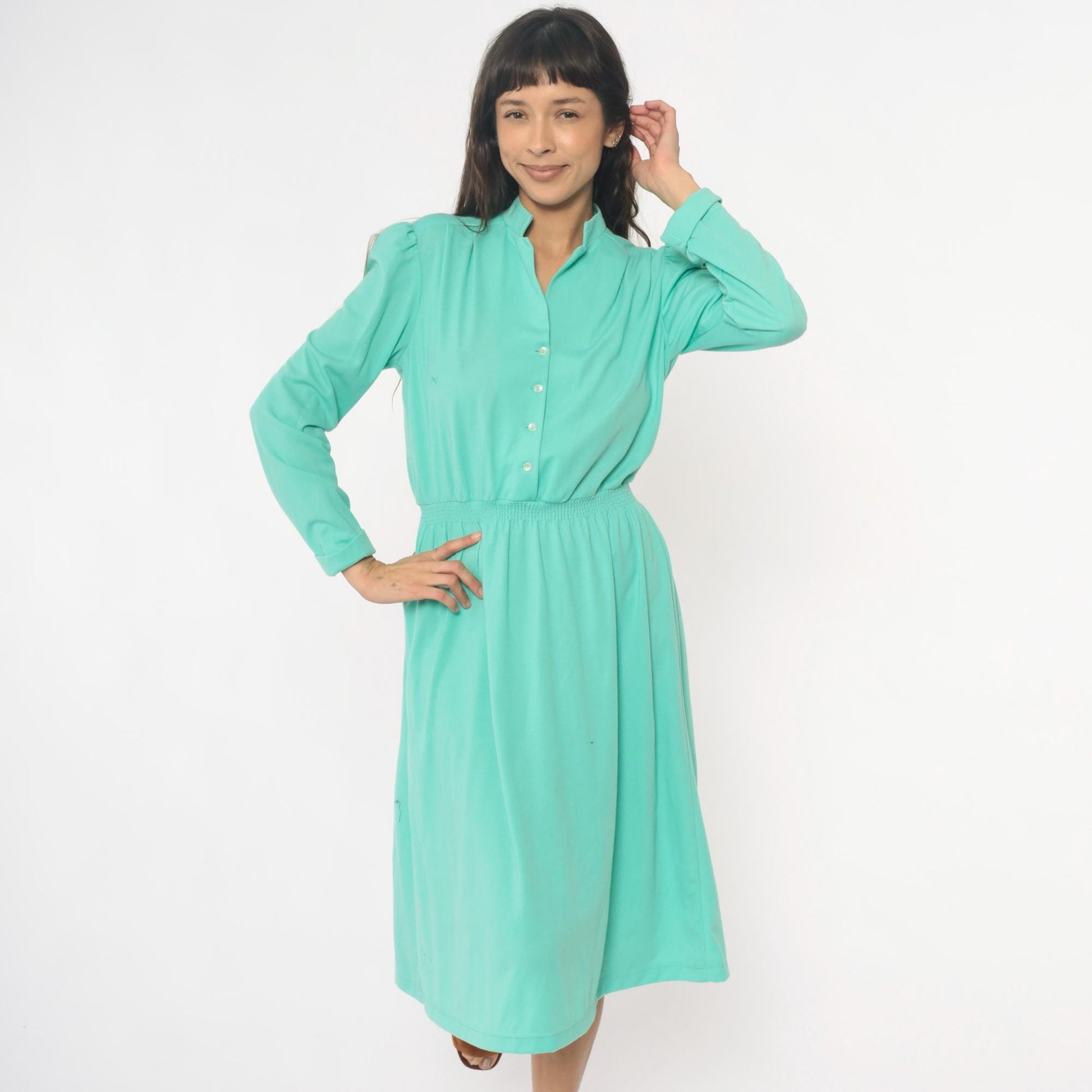 80s Lehigh Mint Green Shirtdress Puff Shoulder Knee-Length Small Medium