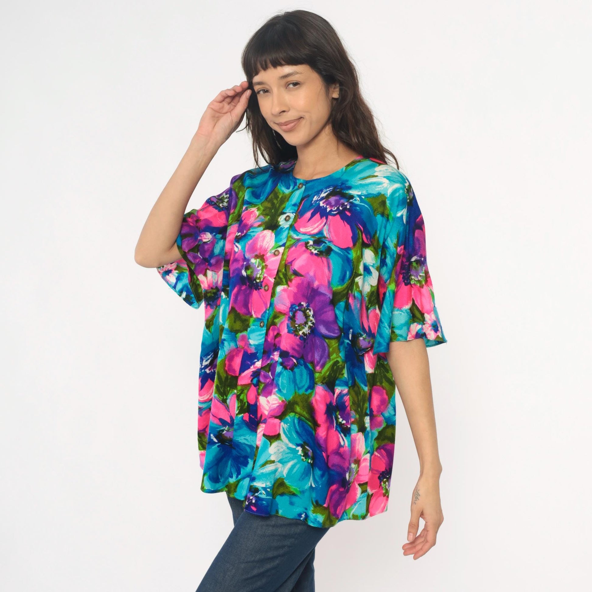 70s Haleaka Fashions Floral Button-Up Tunic Pink Purple Blue Cotton