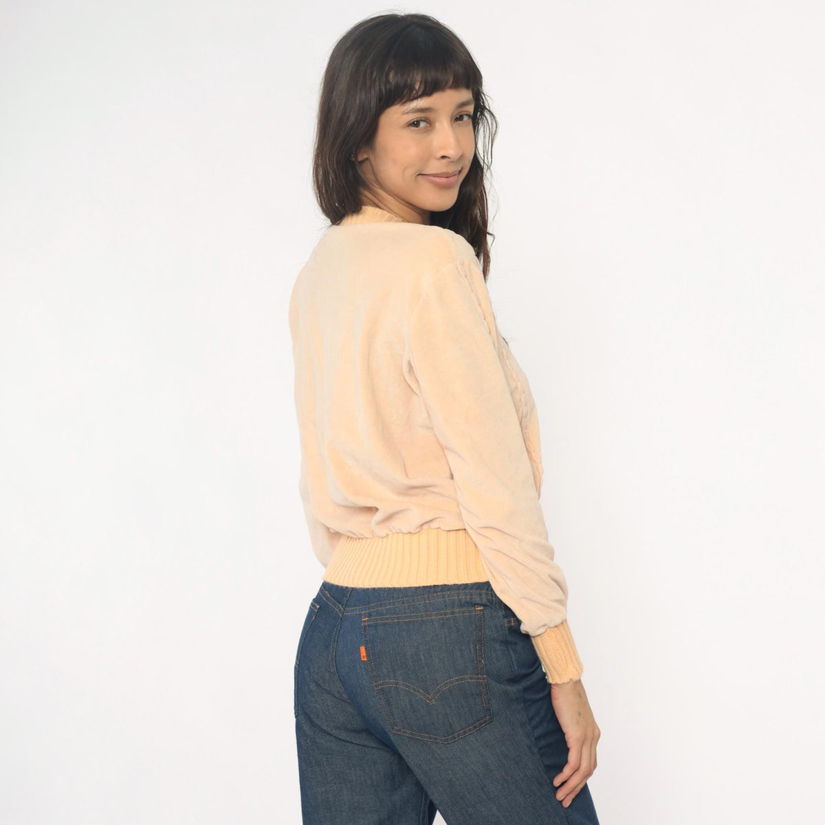 80s Comosport Velour Pullover Cream V-Neck Ribbed Knit Small