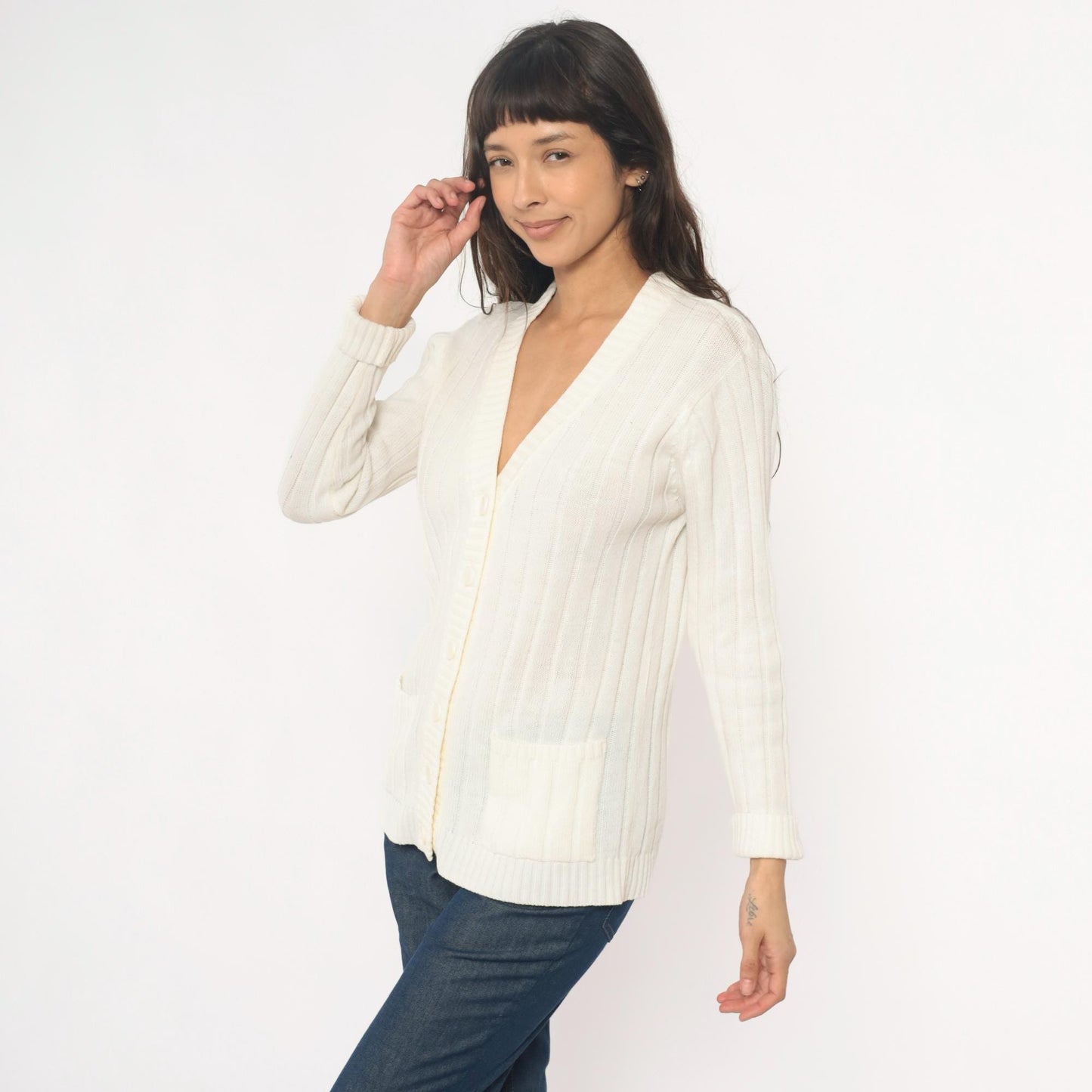 70s Cream Cable Knit Cardigan V-Neck Button Front Zayre Small