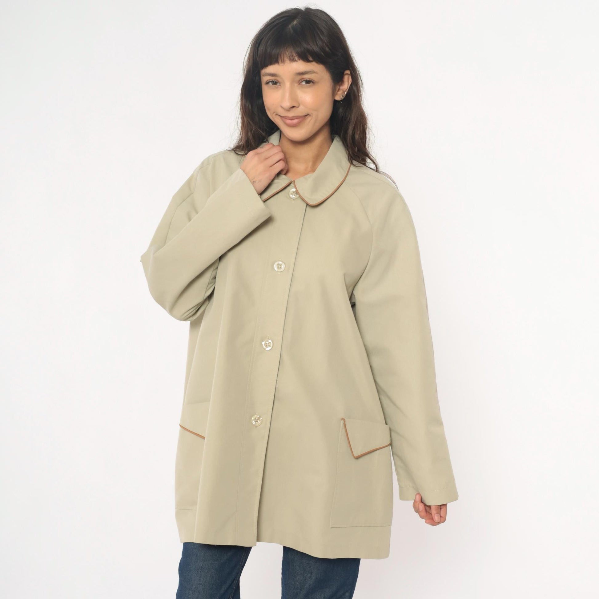 80s Beige Button Front Coat Peter Pan Collar Brown Trim Medium