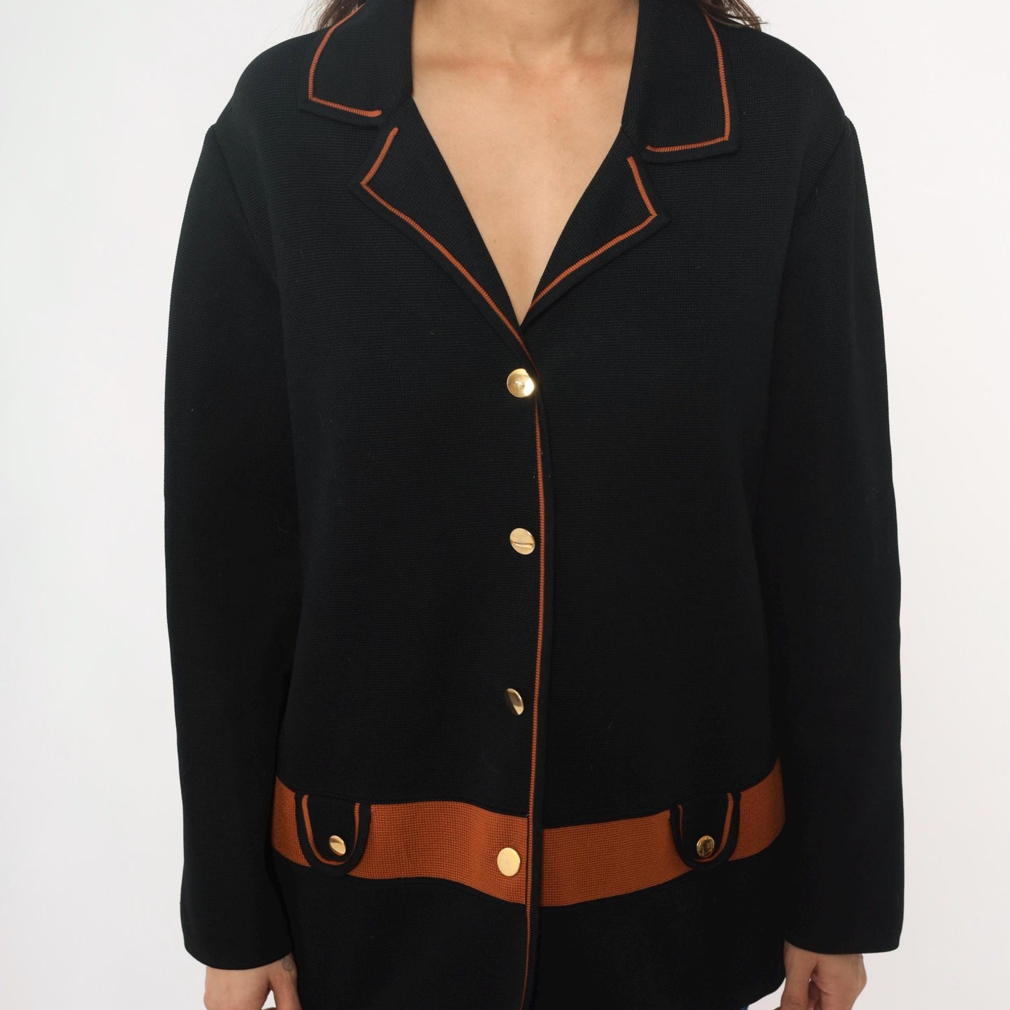 70s Black Knit Blazer Gold Buttons Rust Orange Trim Collared Jacket Large L
