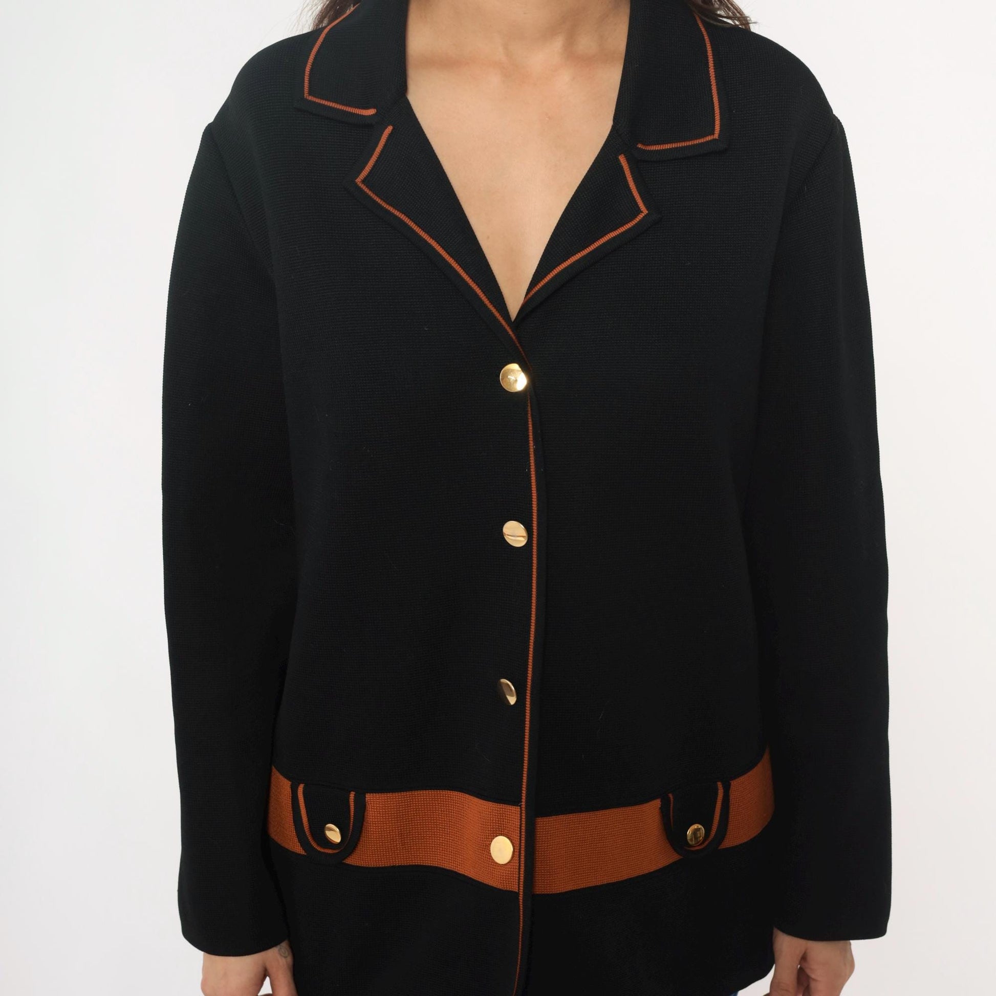 70s Black Knit Blazer Gold Buttons Rust Orange Trim Collared Jacket Large L