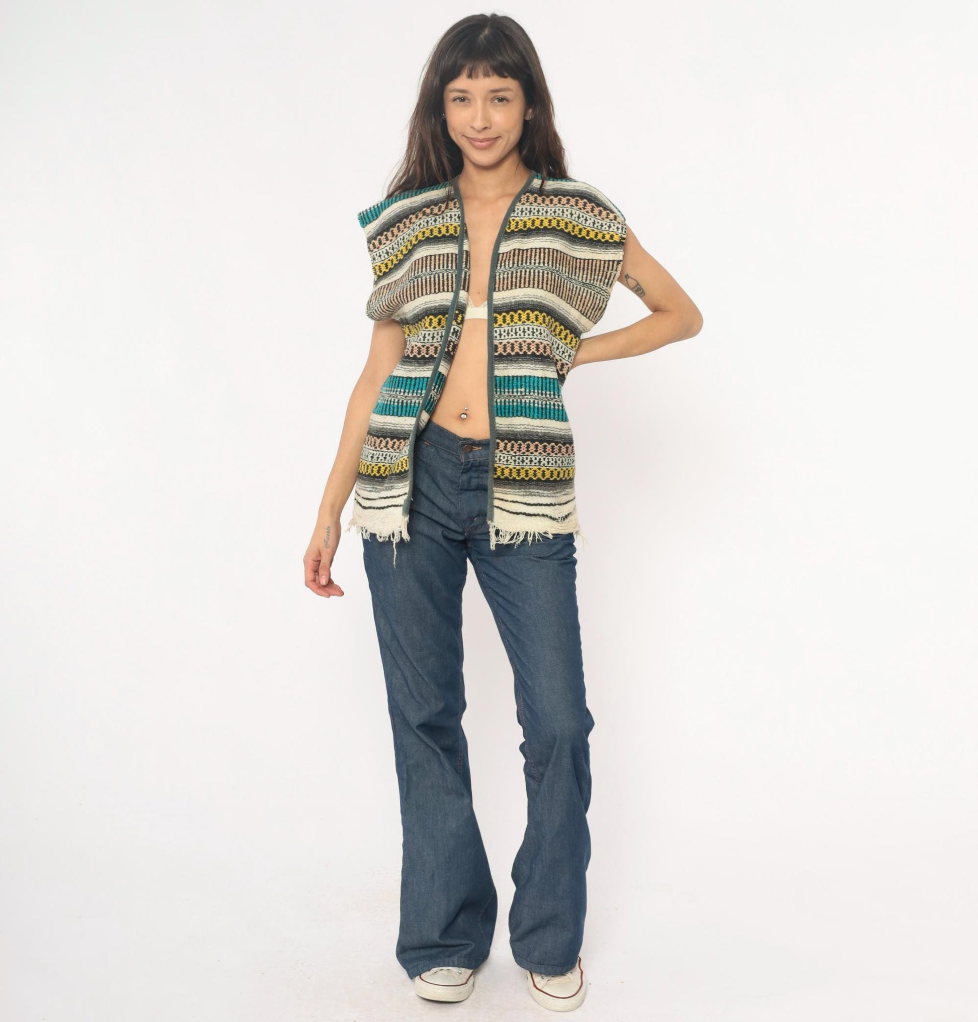 70s Mexican Serape Woven Vest Multicolor Striped Southwest Cap Sleeve Small